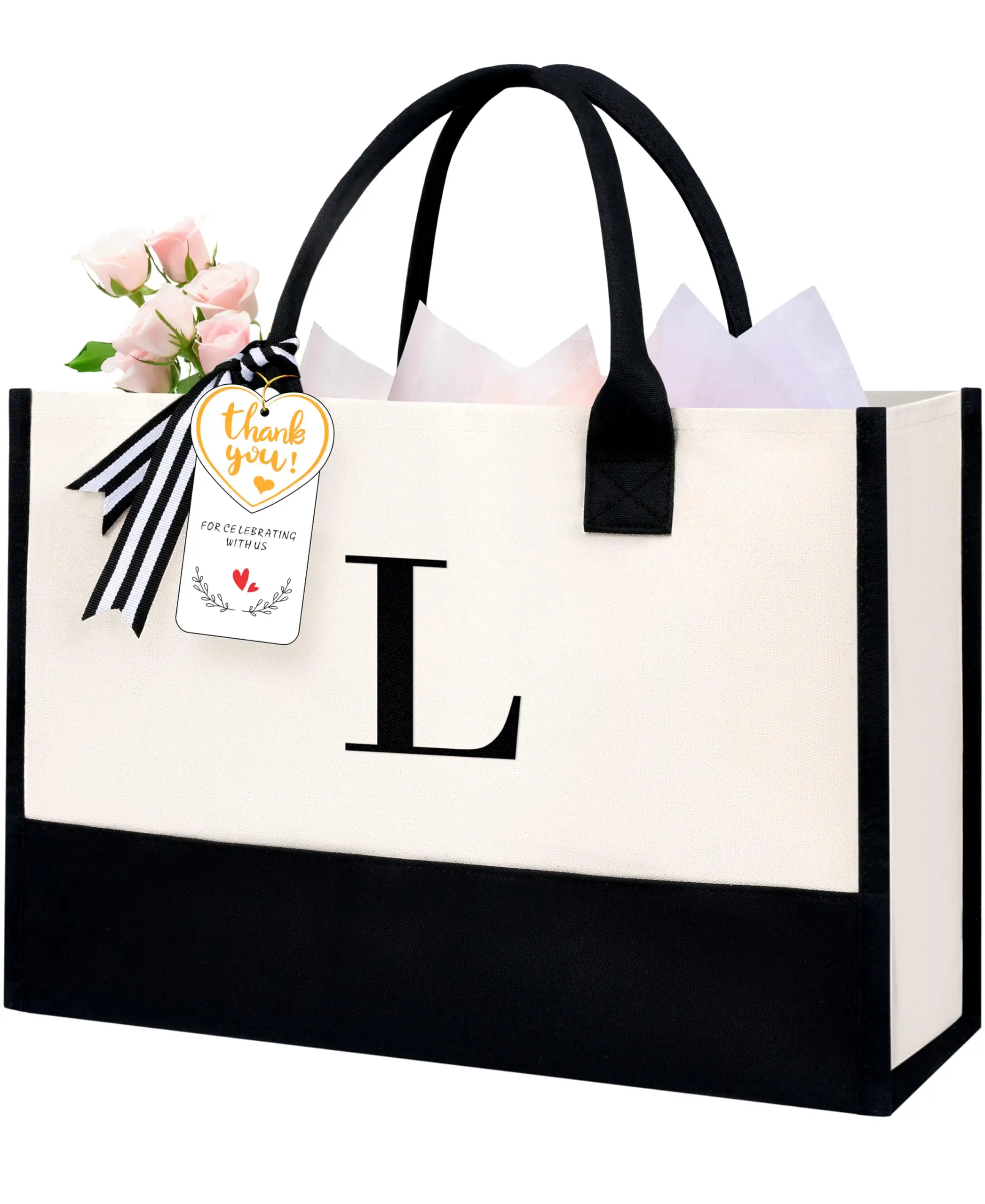 Personalized Ivory Initial Tote Bag, perfect birthday gift for women, teachers, moms, and brides, monogrammed canvas design.