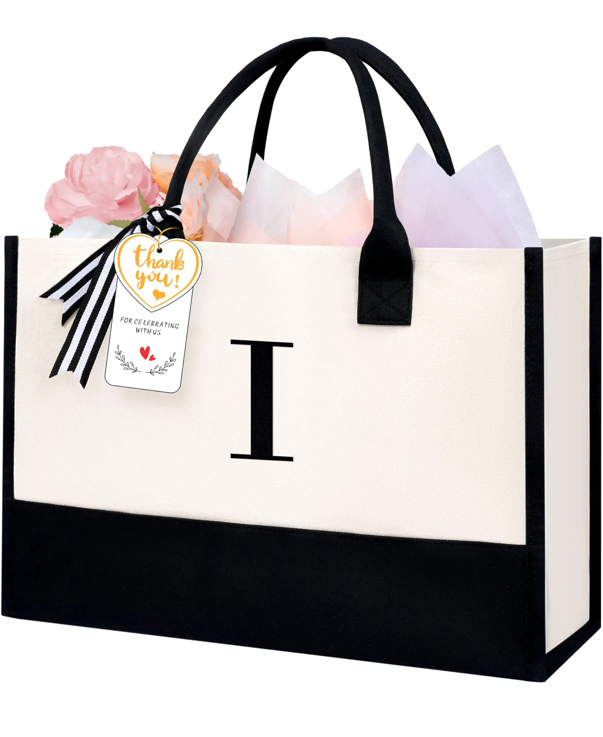 Personalized ivory initial tote bag, perfect birthday gift for women, teachers, and moms, ideal for weddings and beach out...