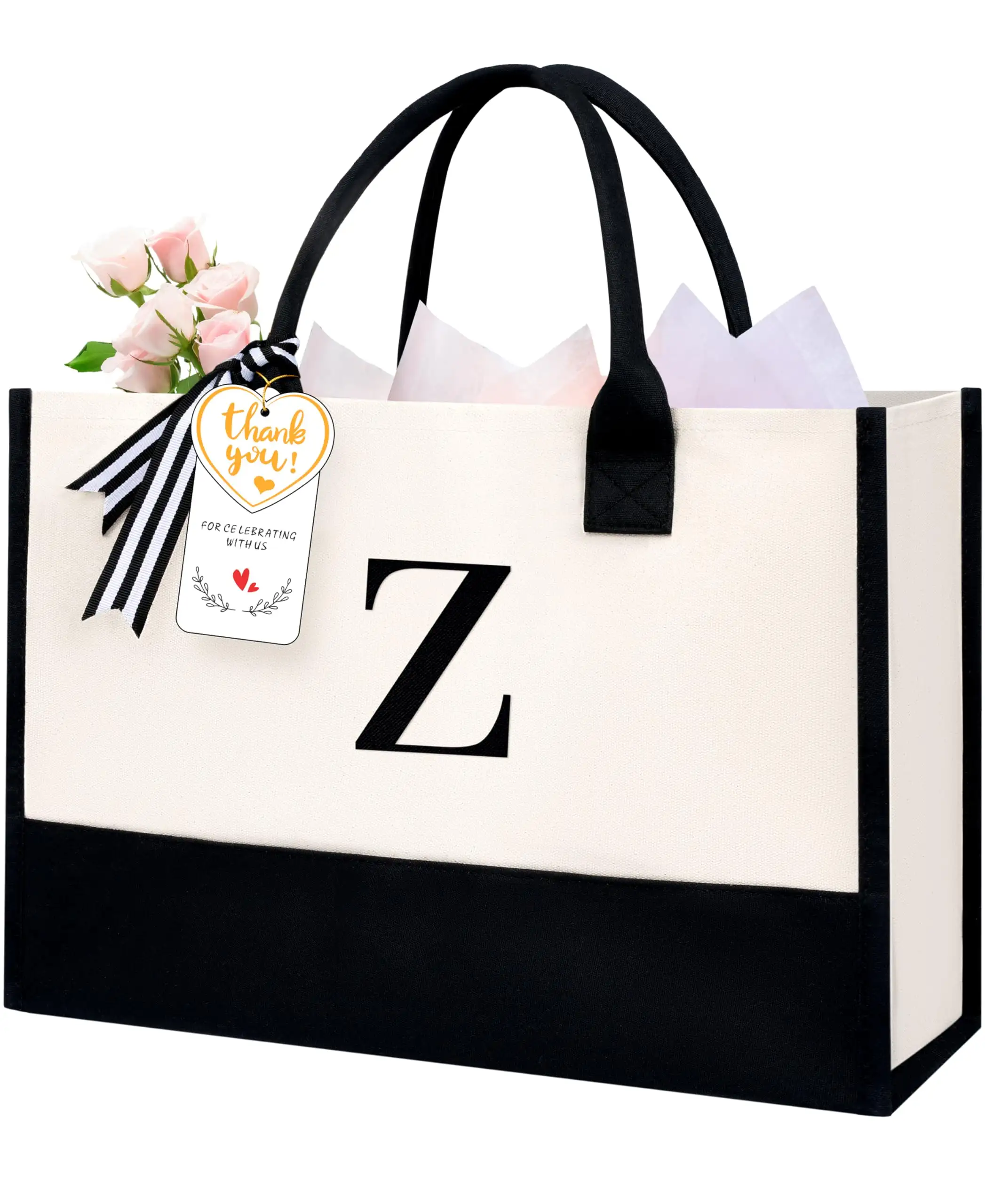 Personalized ivory initial tote bag, perfect birthday gift for women, teachers, and moms, ideal for weddings and beach out...