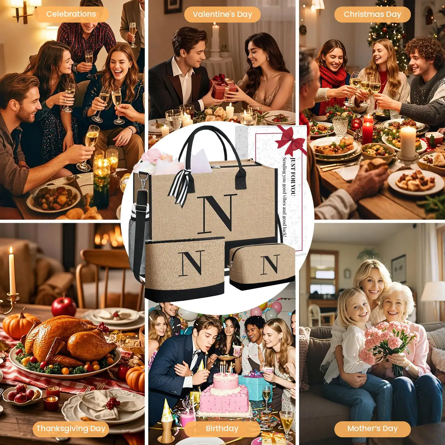 Personalized initial tote bag in ivory, perfect birthday gift for women, teachers, friends, and moms. Monogrammed style.