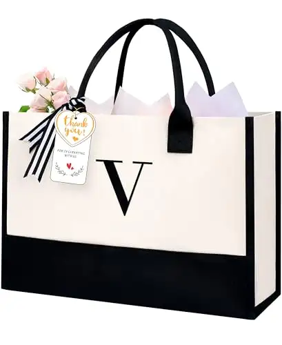 Personalized Initial Tote Bag in Ivory, perfect birthday gift for women, teachers, and moms; stylish monogrammed beach bag.
