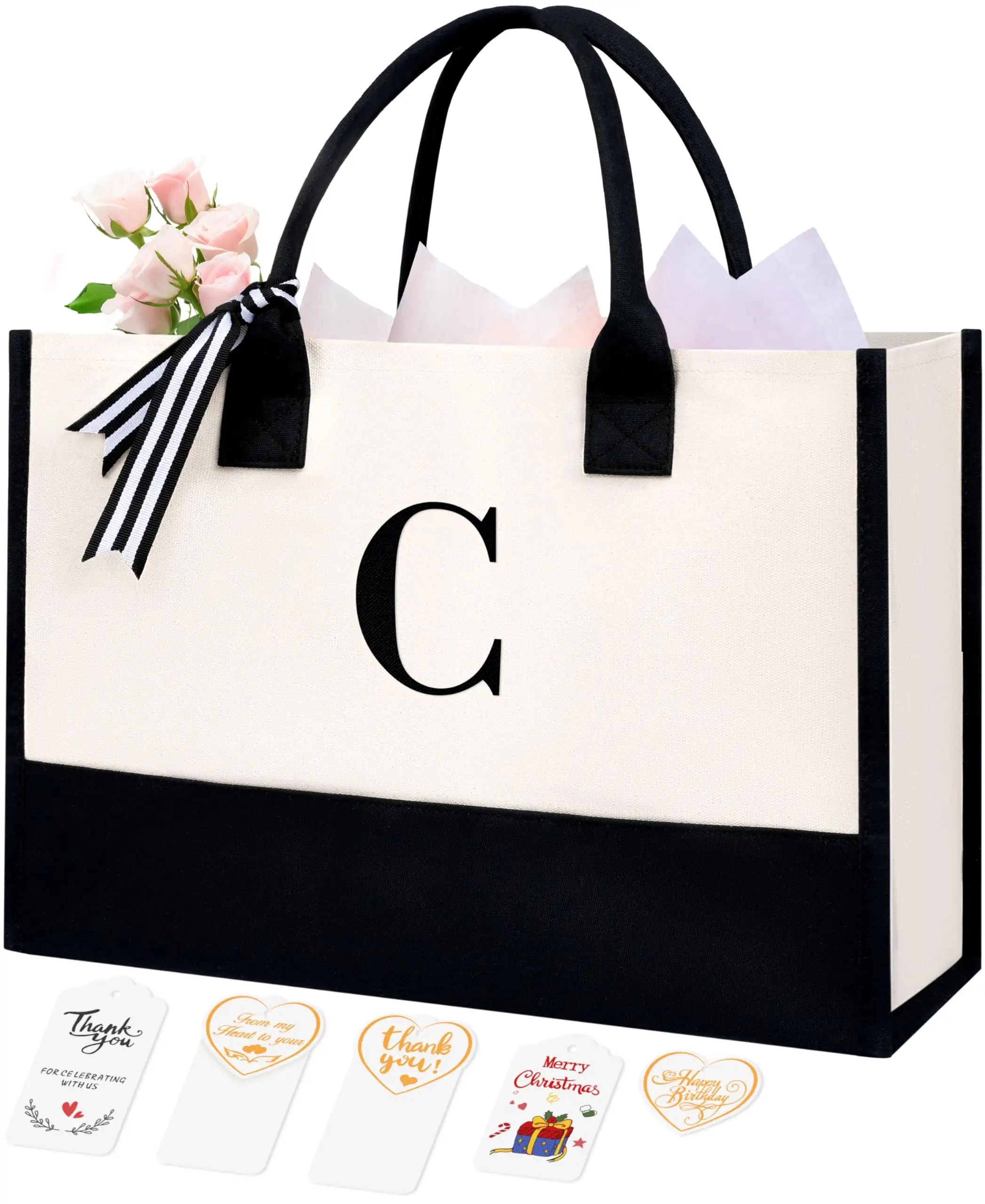 Personalized ivory initial tote bag, perfect birthday gift for women, teachers, moms, or weddings, monogrammed canvas design.