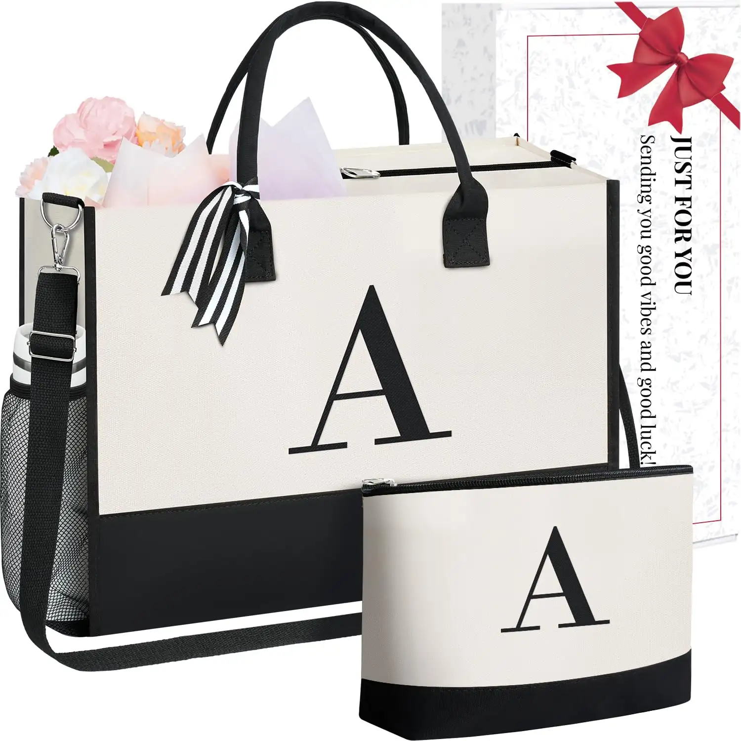Personalized Initial Tote Bag in Ivory, ideal birthday gift for women, teachers, friends, and moms; perfect for weddings.