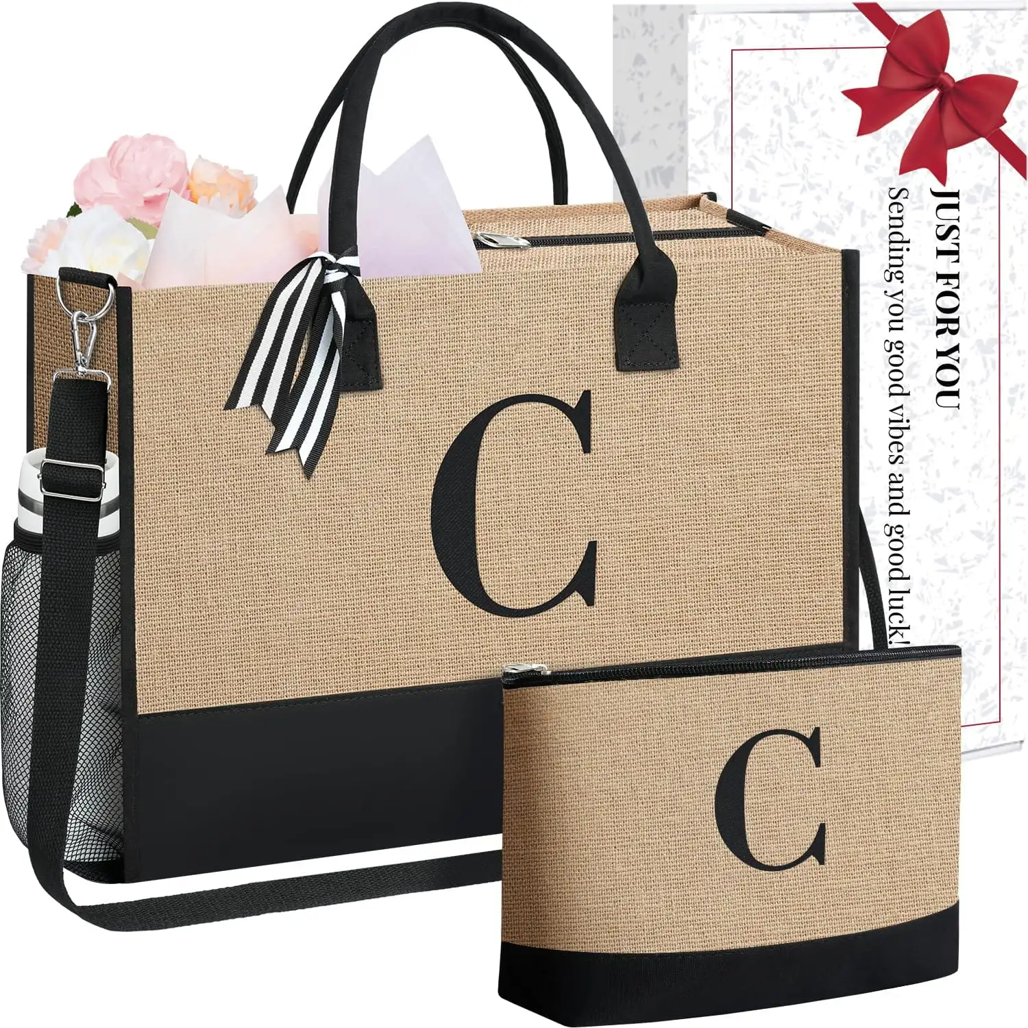 Personalized Initial Tote Bag in Ivory, perfect birthday gift for women, teachers, and moms, stylish monogrammed beach bag.