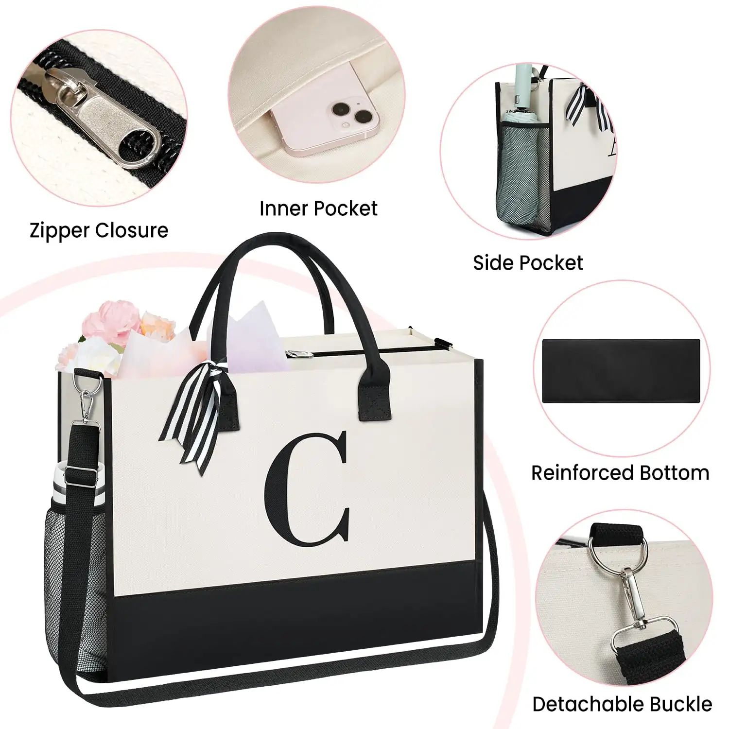 Personalized ivory initial tote bag, perfect birthday gift for women, teachers, friends, or moms, great for weddings or be...