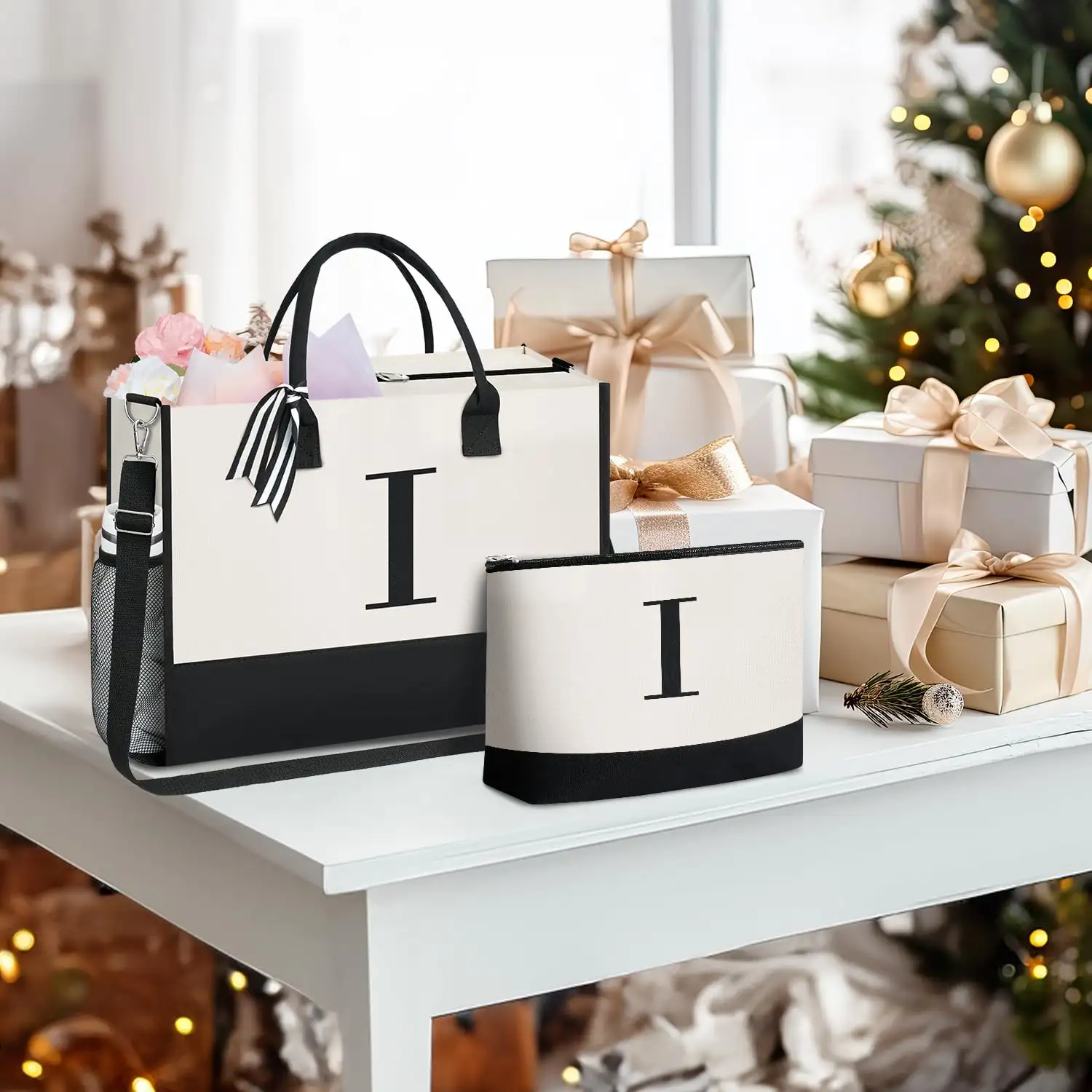 Personalized Initial Tote Bag in Ivory, perfect birthday gift for women, teachers, moms, and weddings, monogrammed style.