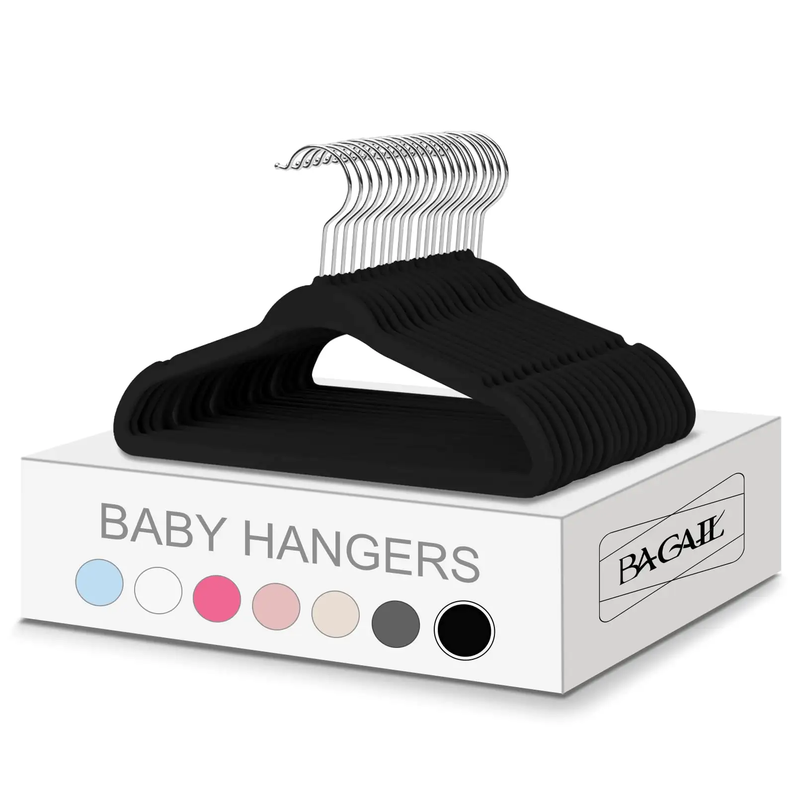 Kids velvet hangers 11 inches, non-slip design, perfect for infant and toddler clothes, 50 pack, black color.