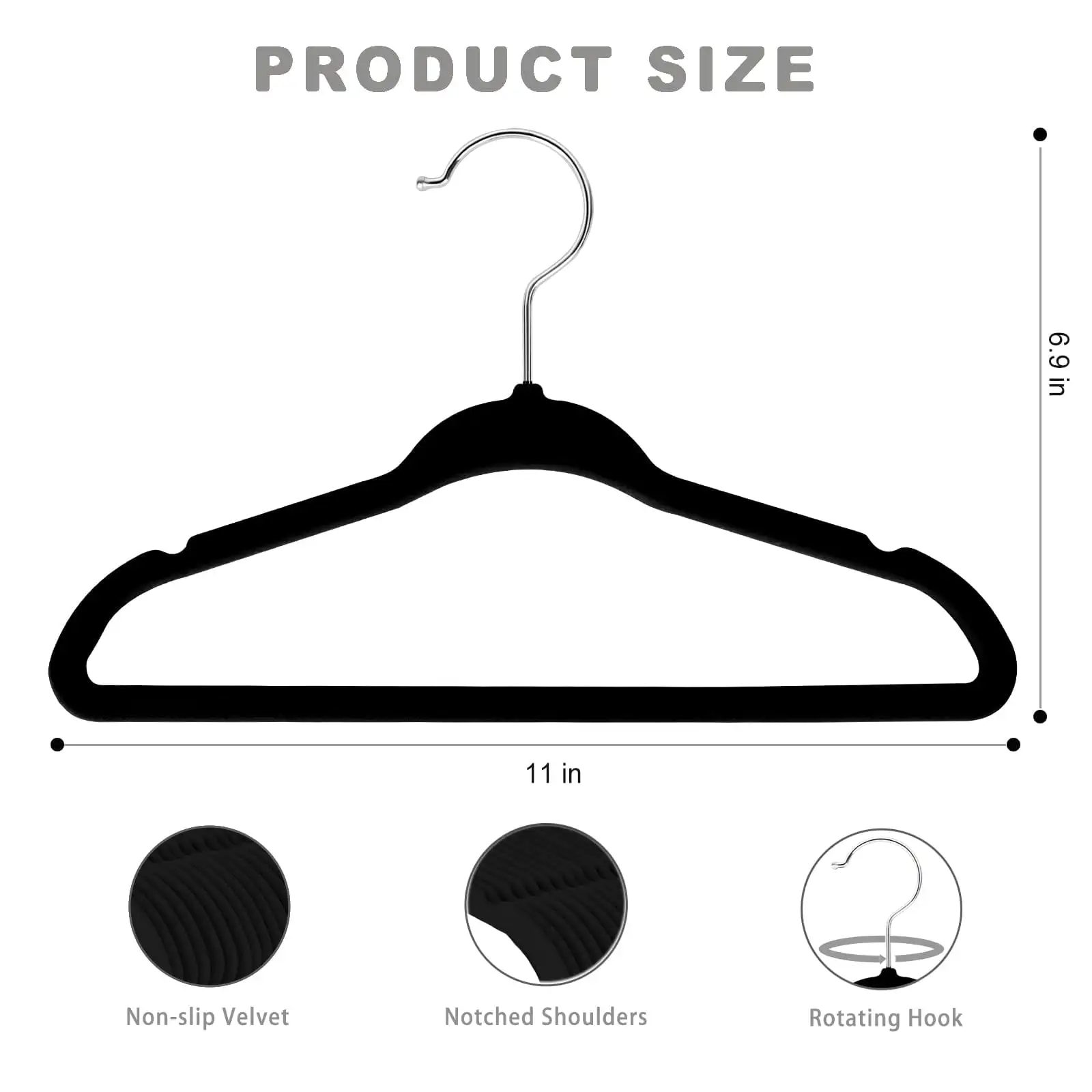 Kids velvet hangers, 11 inches, non-slip design, perfect for infant and toddler clothes, 50-pack in black.
