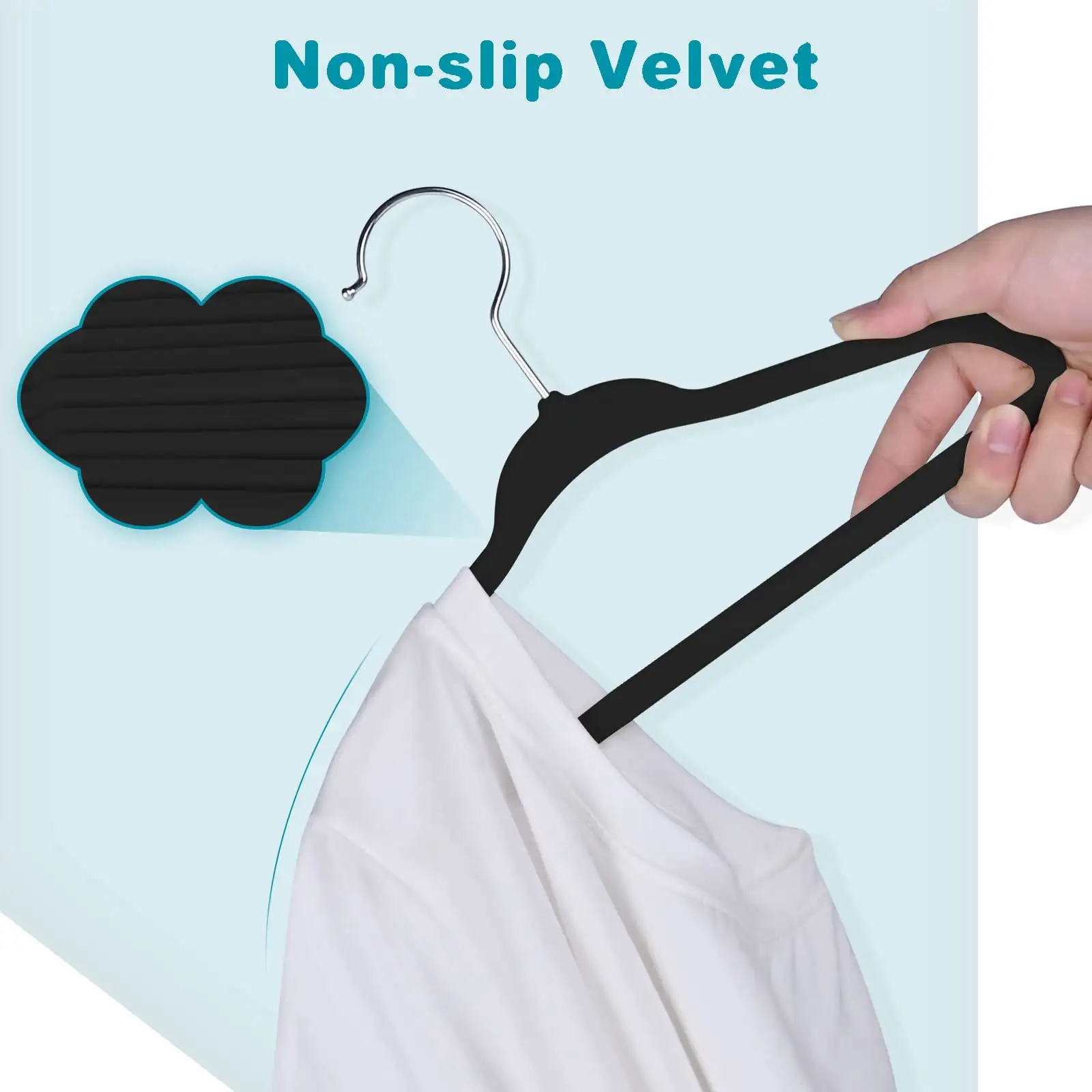 Kids velvet hangers, 11 inches, non-slip design, ideal for infant and toddler clothes, black, 50-pack set.