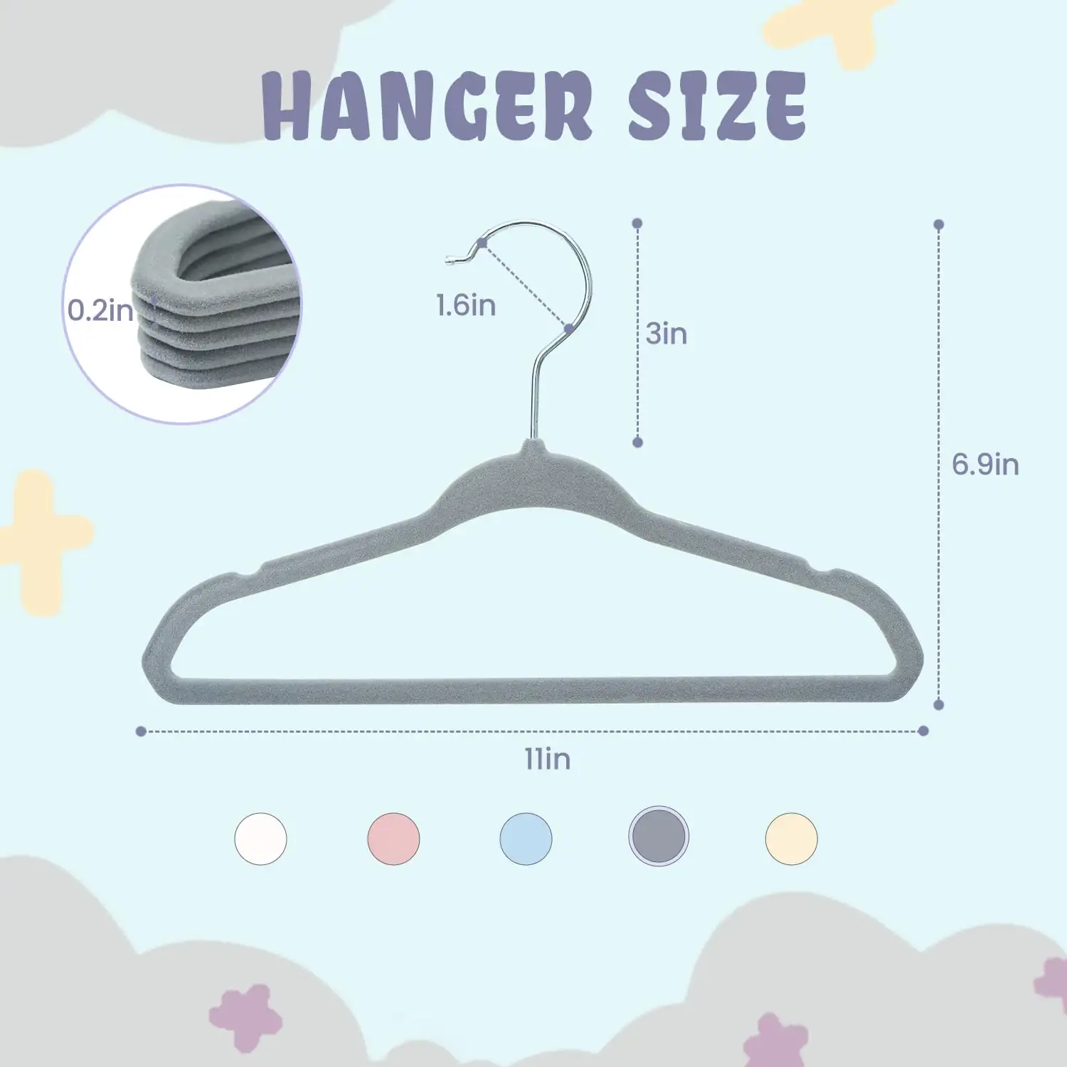 Kids velvet hangers 11 inches, non-slip design for infant and toddler clothes, black, pack of 50 for organized storage.