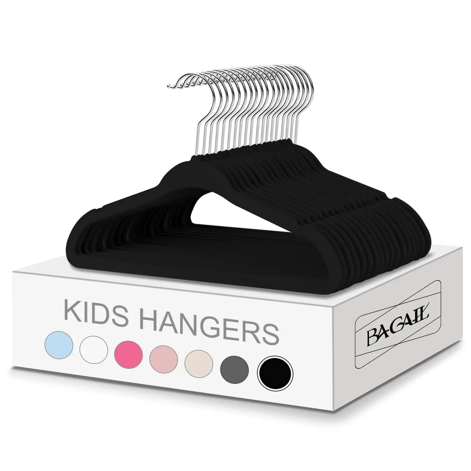 Kids velvet hangers 11 inches, non-slip design for infant/toddler clothes, black, 50-pack, durable and space-saving.