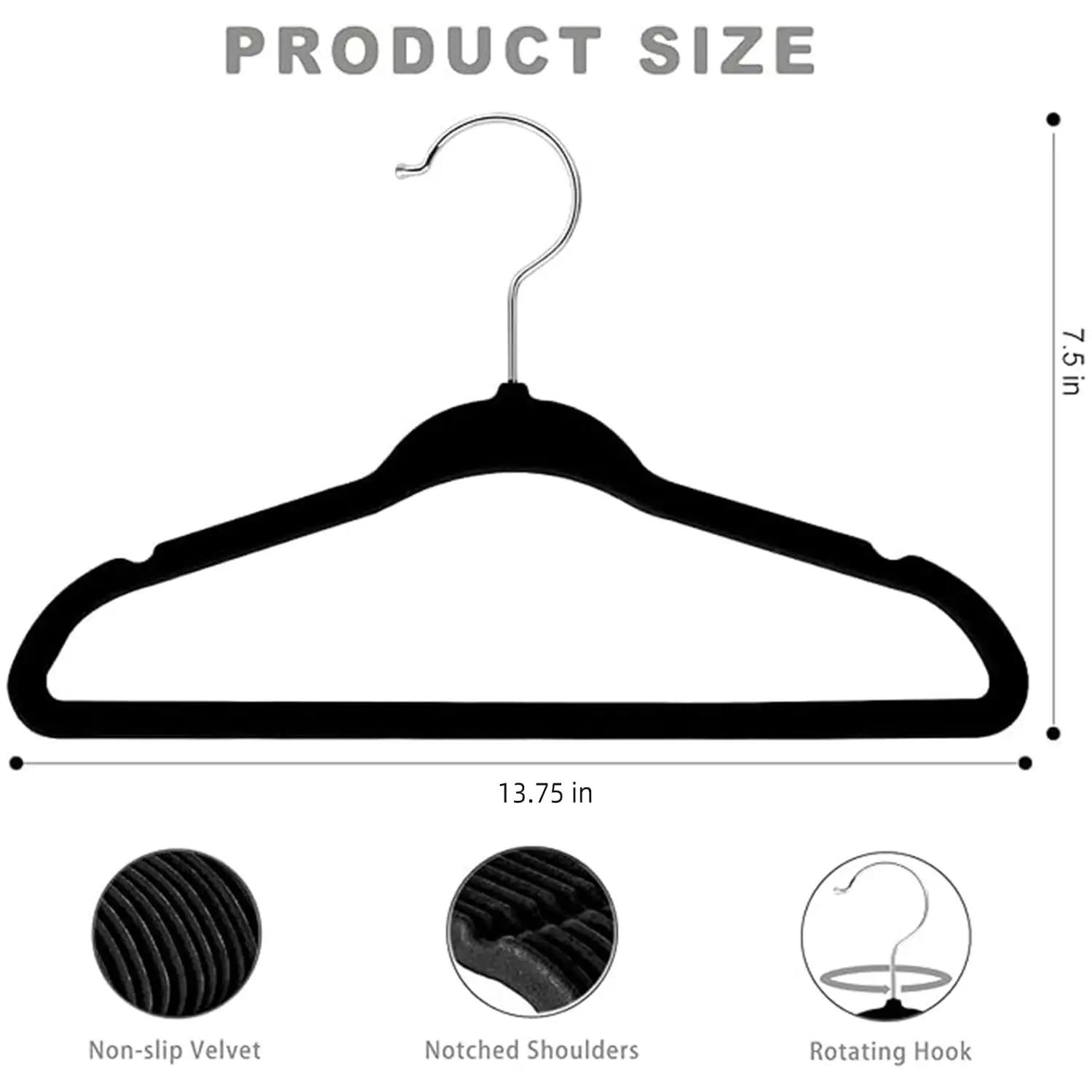 Kids velvet hangers, 11 inches, non-slip design, perfect for infant and toddler clothes, 50-pack in black.