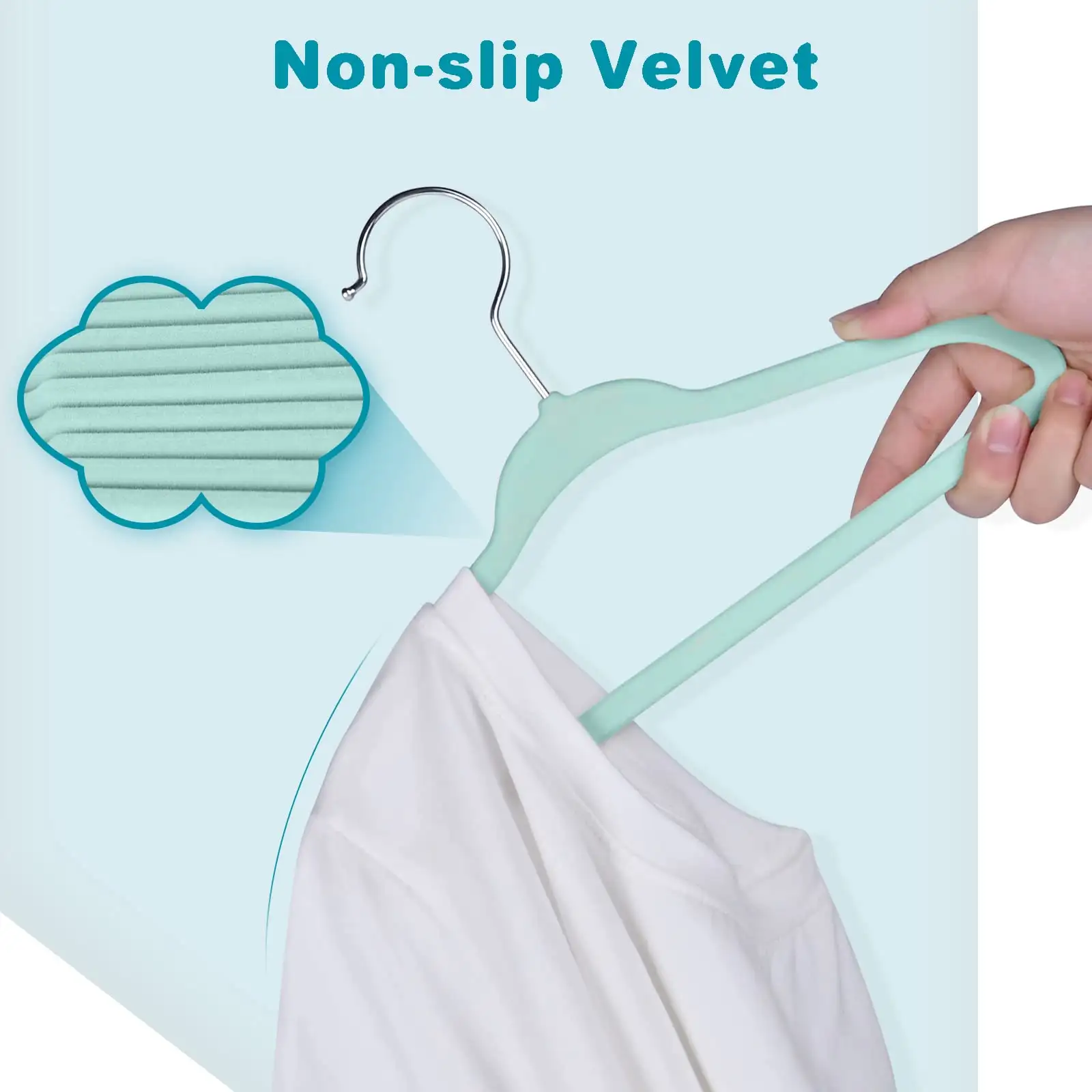 Kids velvet non-slip hangers, 11 inches, perfect for infant and toddler clothes, 50-pack in black.