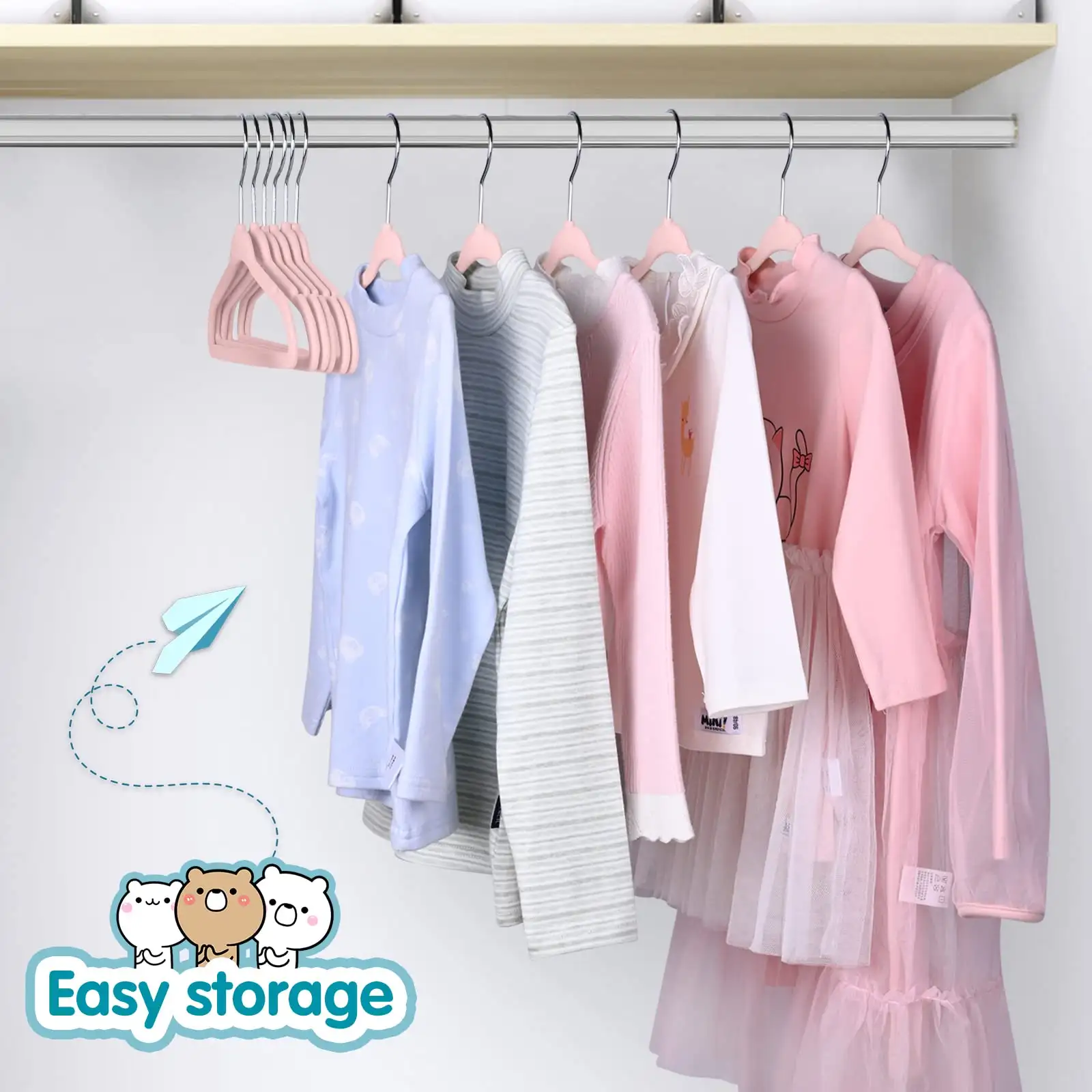 Non-slip kids velvet hangers, 11 inches, ideal for infant and toddler clothes, keeping garments secure and organized.