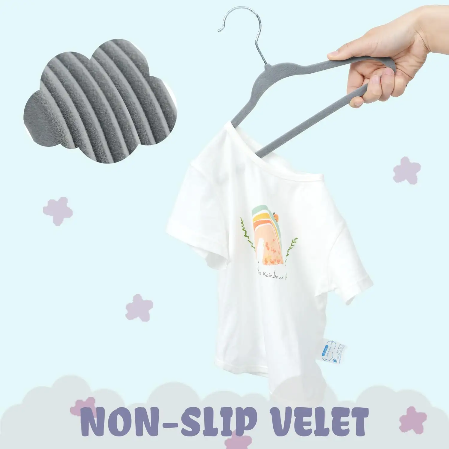 Non-slip kids velvet hangers, 11 inches, perfect for organizing infant and toddler clothes. Ideal for small wardrobes.