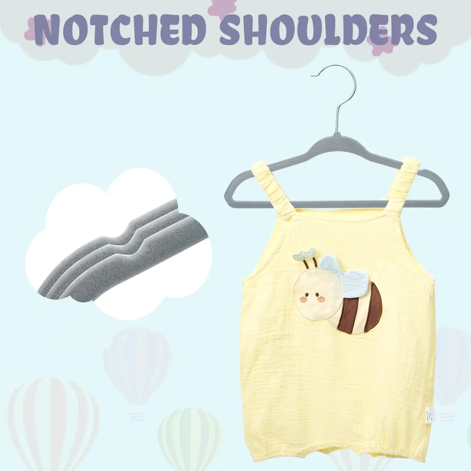 Non-slip kids velvet hangers, 11 inches, perfect for infant and toddler clothes organization. Ideal baby clothing hangers.