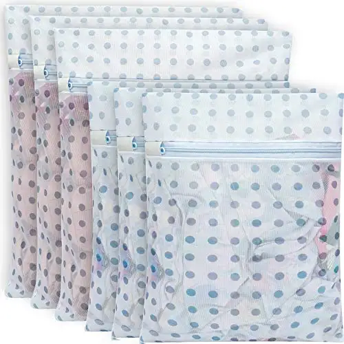 Mesh laundry bag for delicates, lingerie, and intimates, blue dot design, ideal for gentle washing and storage.
