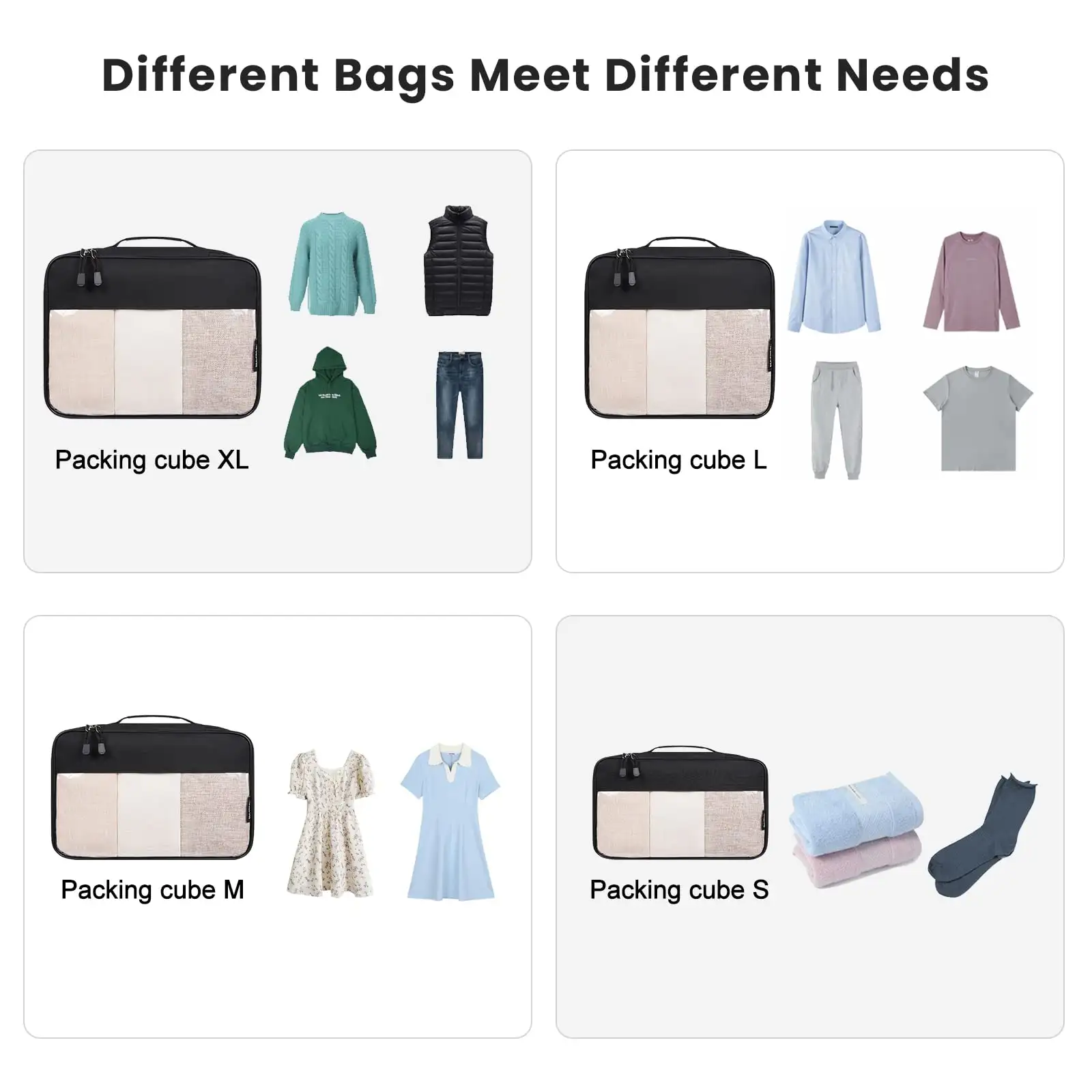 Beige BAGAIL packing cubes set for travel organization, clear design, perfect for luggage and accessories, 4 pieces.