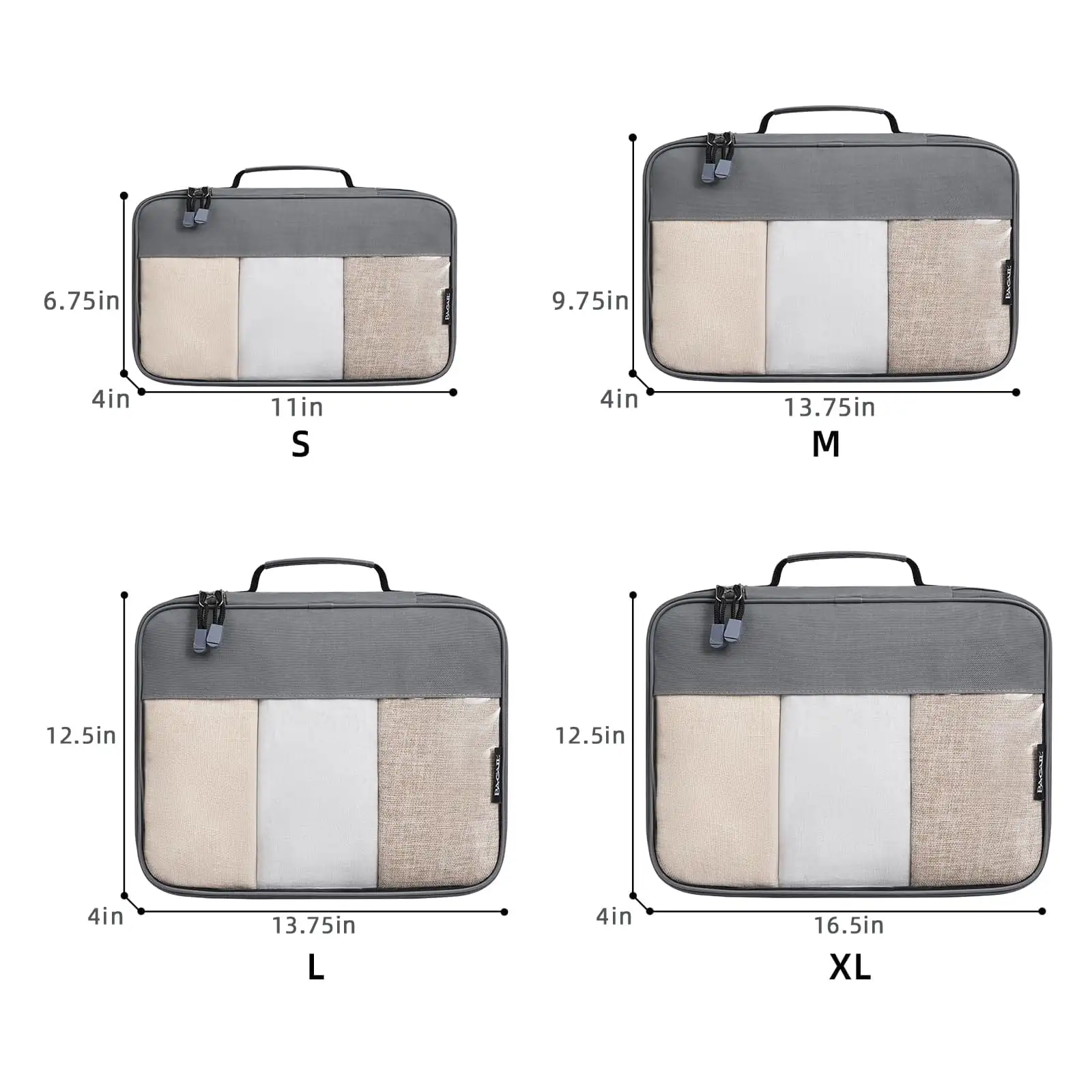 Beige BAGAIL packing cubes set (4) for travel organization, clear design, ideal for luggage and suitcase accessories.