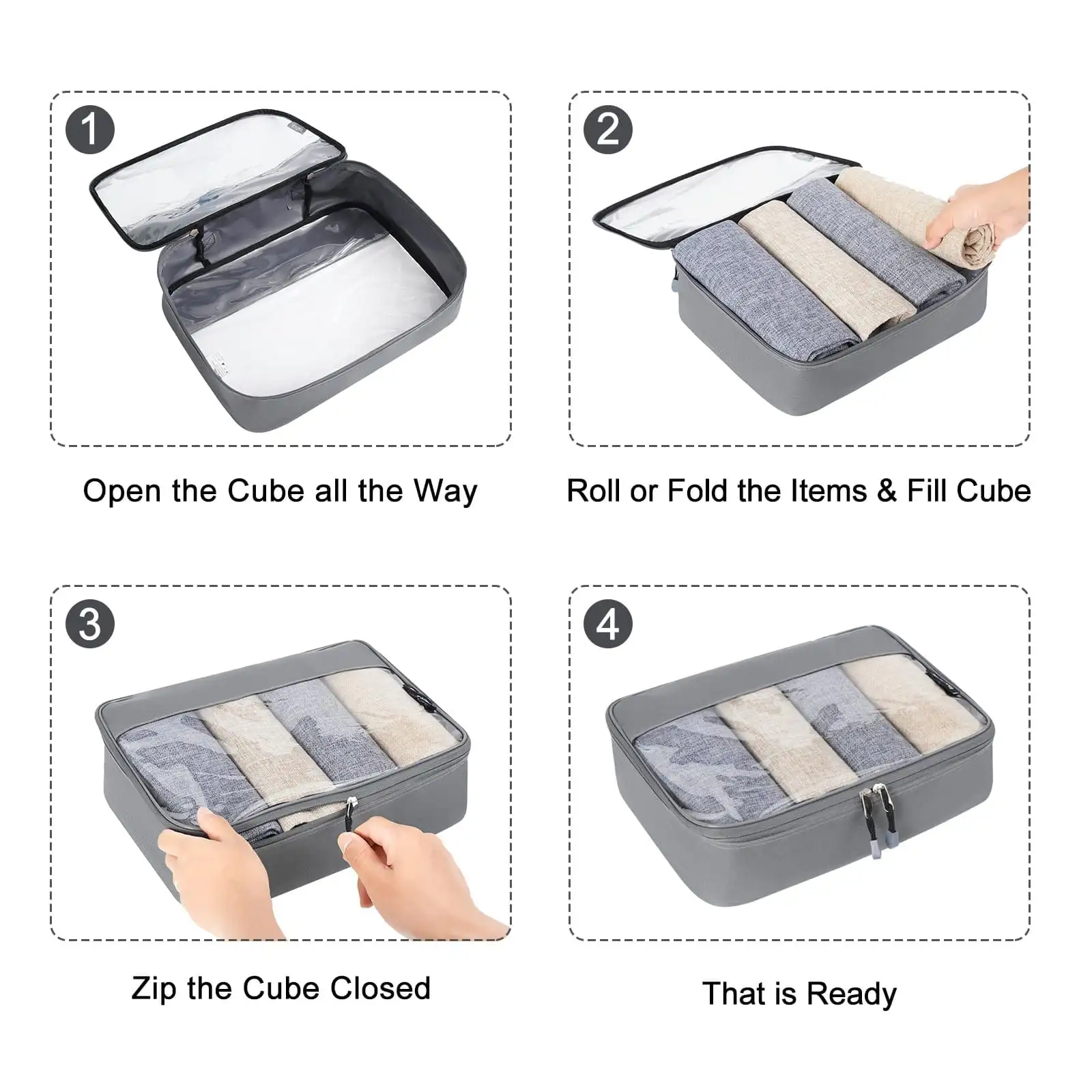 Beige BAGAIL packing cubes set for travel organization, includes 4 clear packing organizers for luggage and accessories.