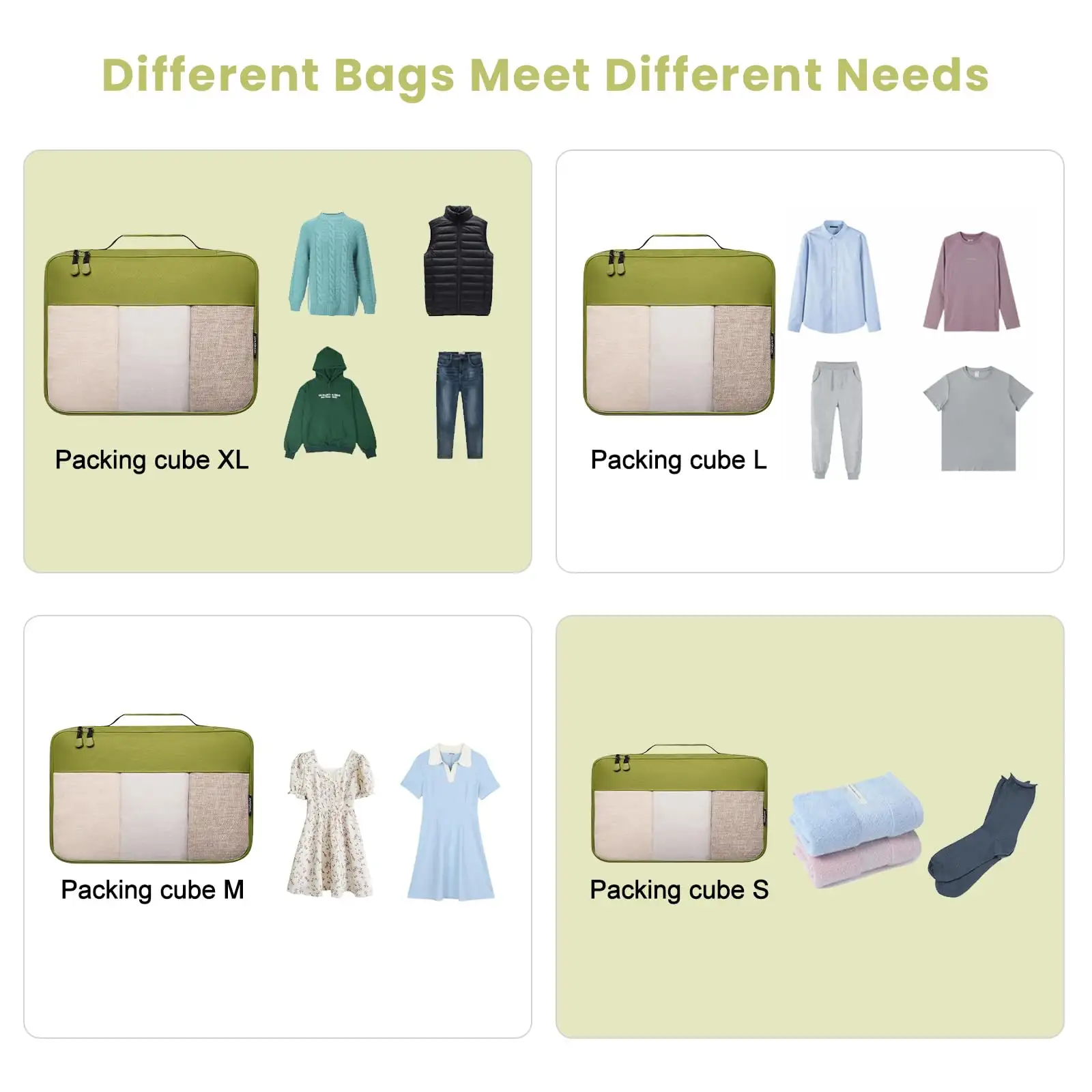 Beige BAGAIL packing cubes set for organizing travel accessories in luggage, includes 4 clear storage bags.