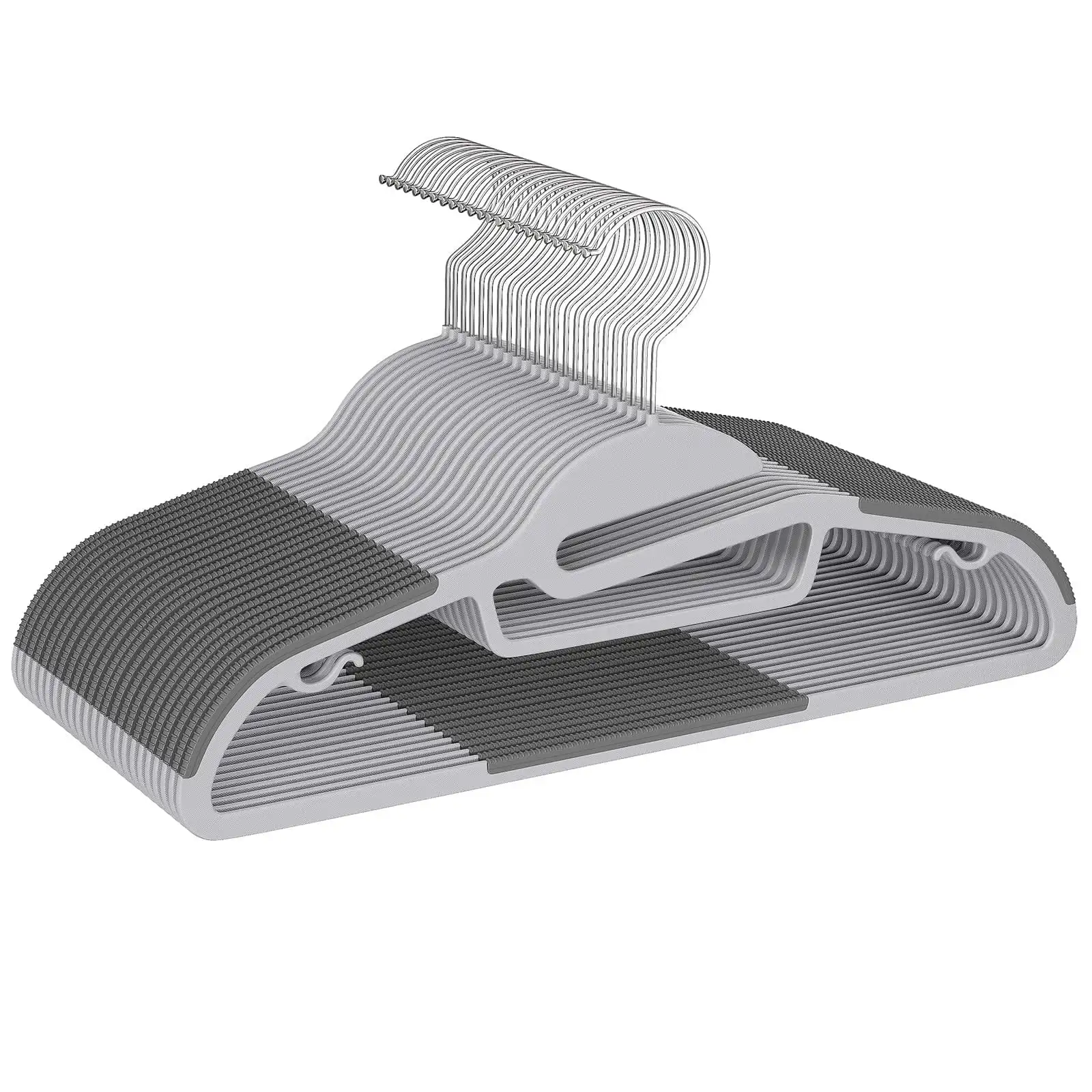 Beige plastic hangers 50 pack, non-slip design, 360° swivel hook, 0.2 inches thick, ideal for organizing clothes in closets.