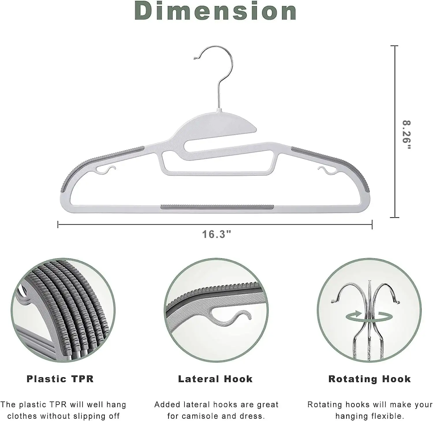 Plastic hangers 50 pack with non-slip design, 360° swivel hook, and space-saving for shirts and pants in beige.