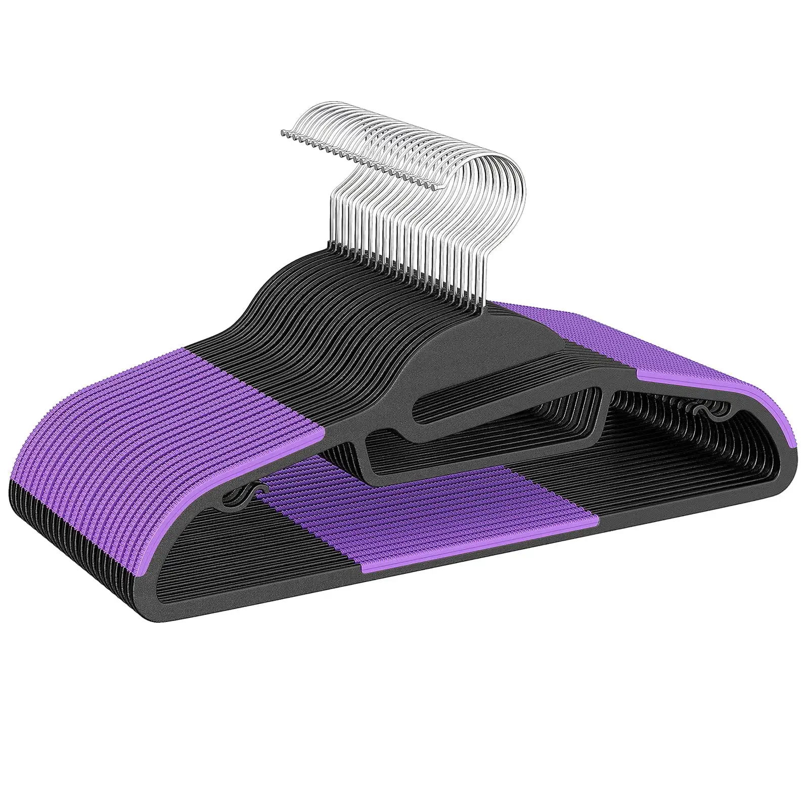 Plastic hangers 50 pack with non-slip design, 360° swivel hook, space-saving for shirts and pants, beige color.