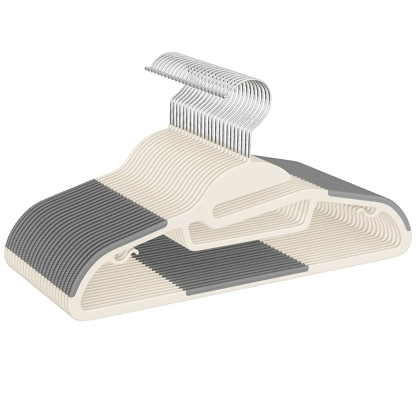 Plastic hangers 50 pack, non-slip design, 0.2" thick, 360° swivel hook for space-saving closet organization.