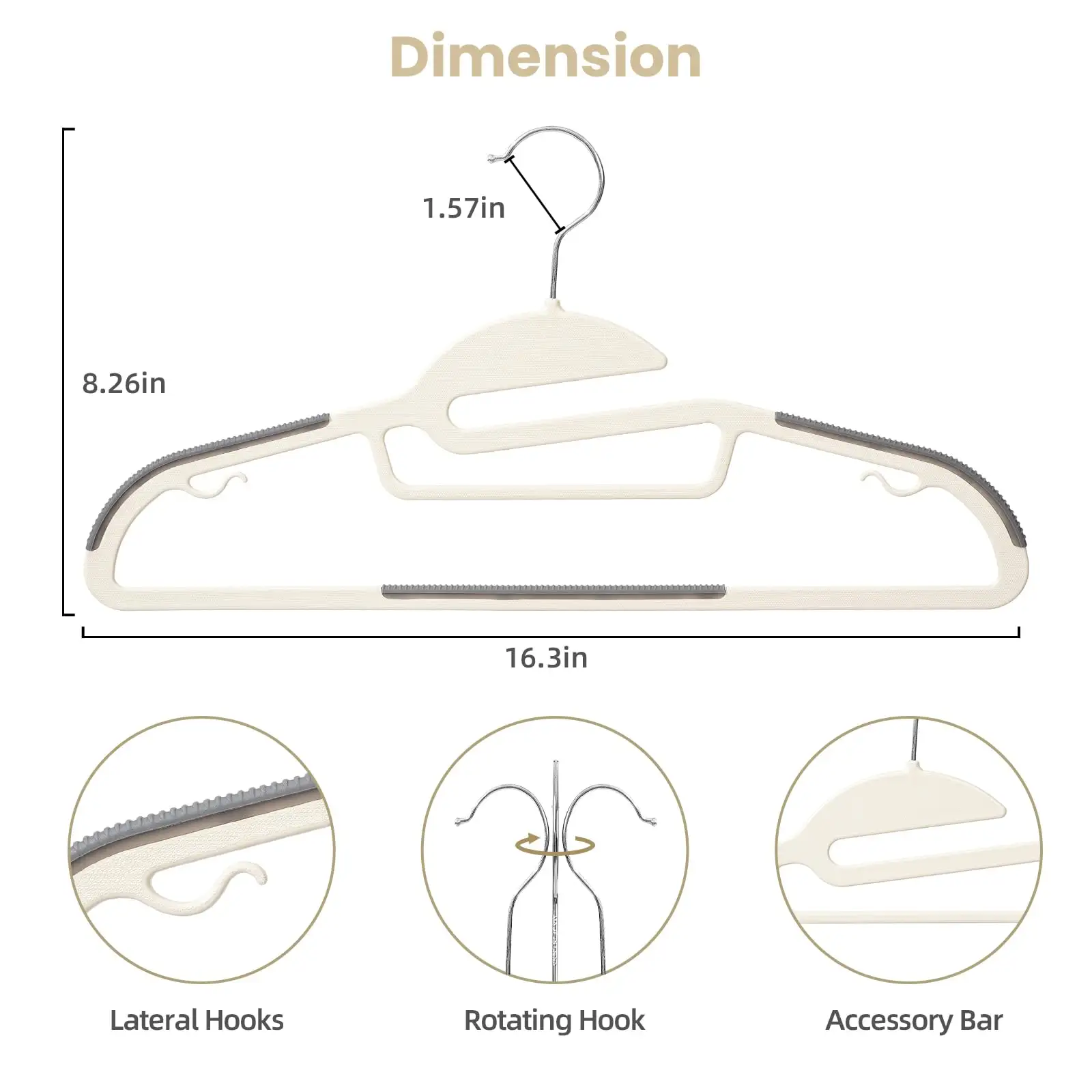50 pack of beige plastic hangers with non-slip design, 360° swivel hook, perfect for space-saving closet organization.