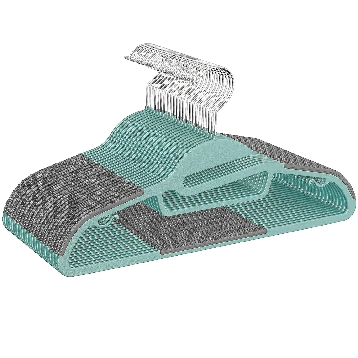 Plastic hangers 50 pack with non-slip design, 360° swivel hook, space-saving for shirts and pants, beige color.