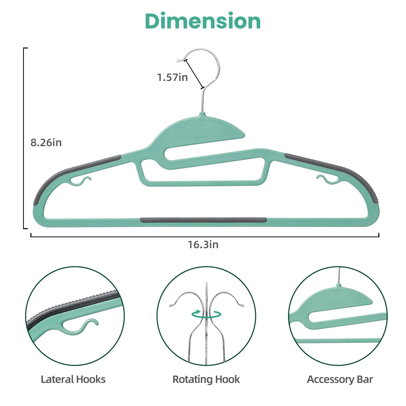 Plastic hangers 50 pack with non-slip design, 360° swivel hook, 0.2 inches thick, ideal for closet organization.