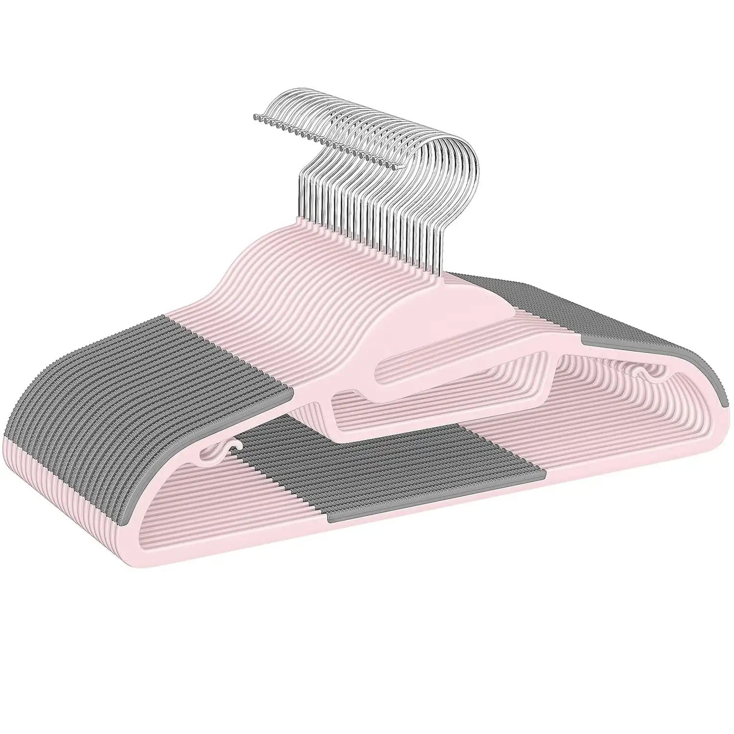 Non-slip plastic hangers, 50 pack, 0.2" thick, 360° swivel hook, space-saving design for shirts and pants, beige.