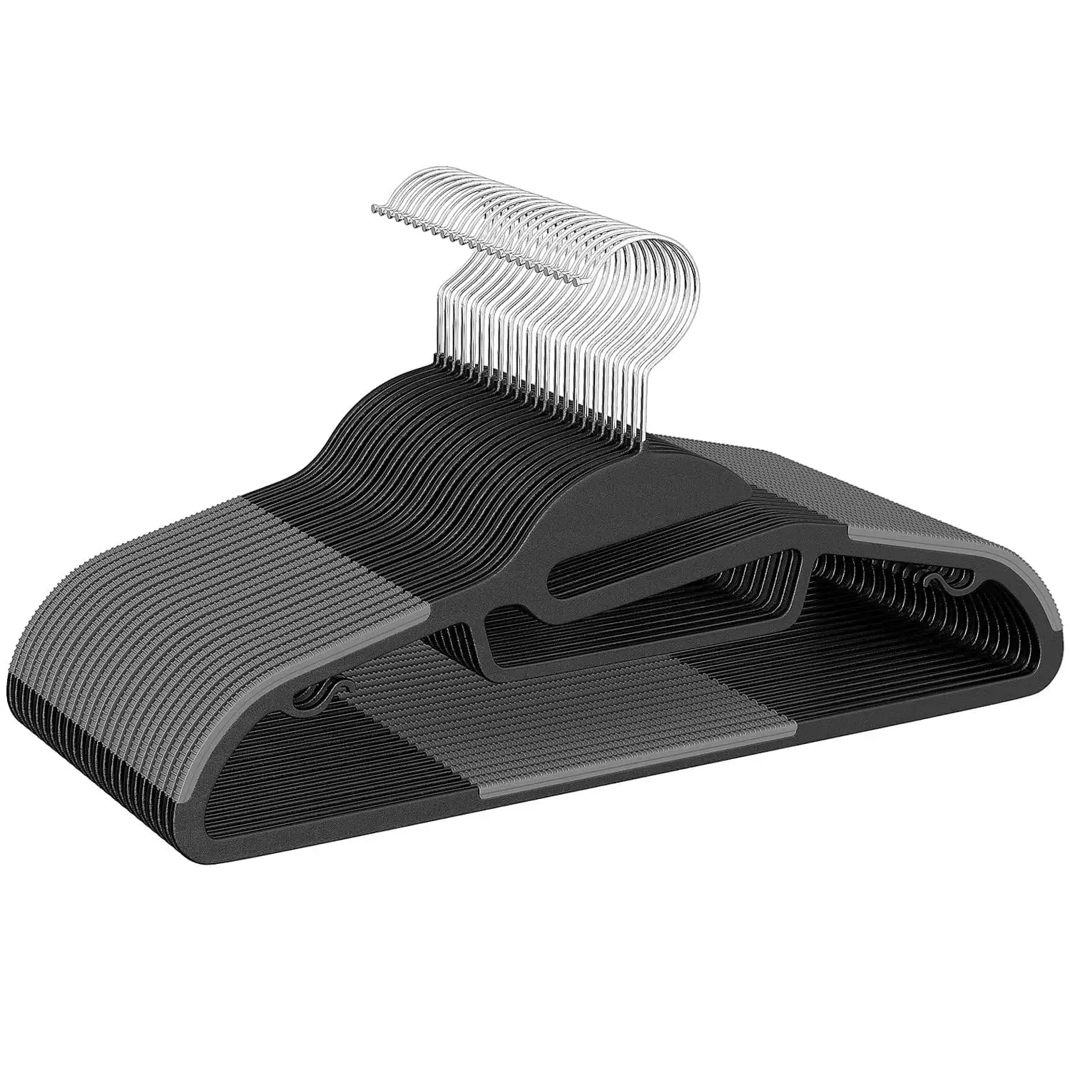 Plastic hangers 50 pack with non-slip design, 360° swivel hook, space-saving for closet organization, beige S-shaped.