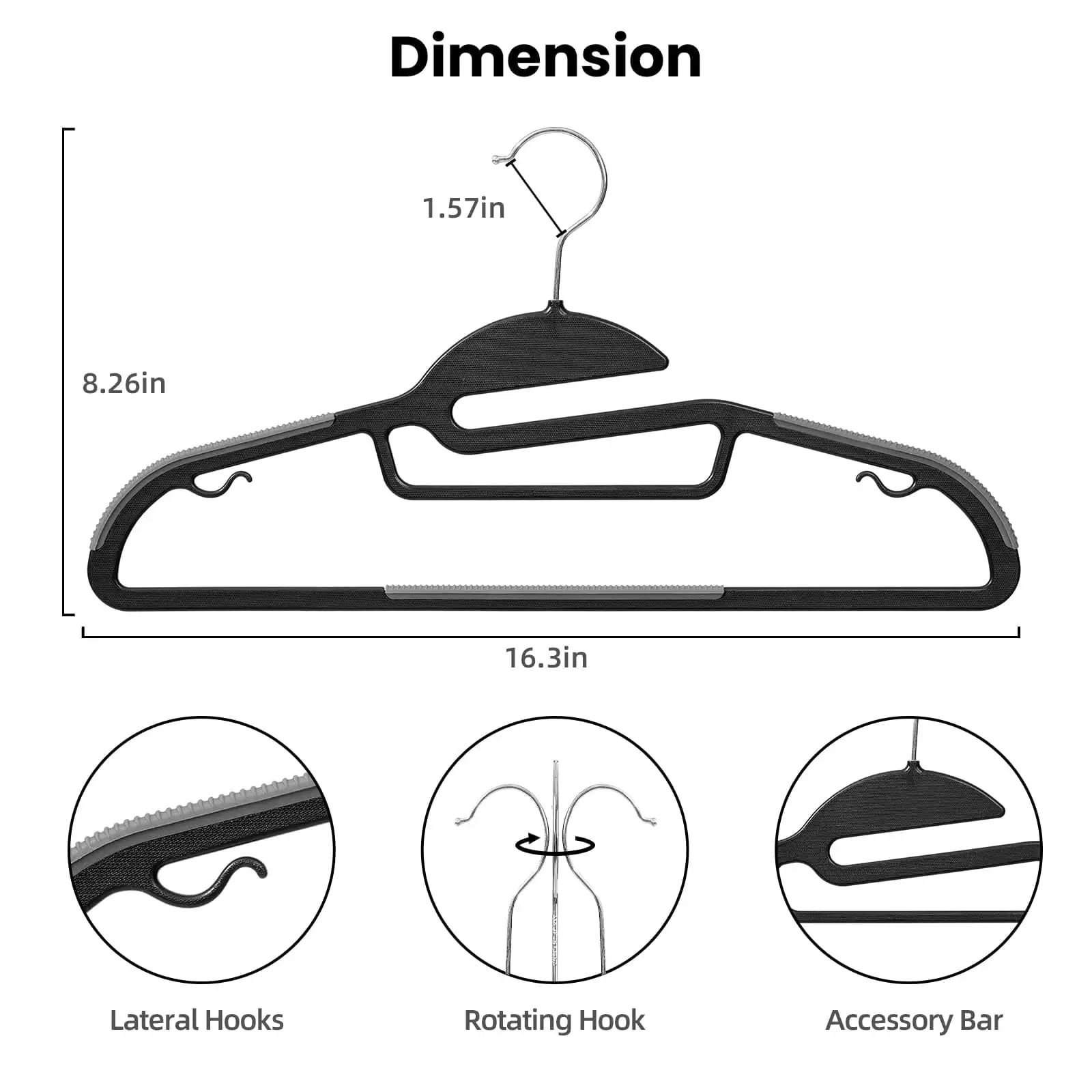 Plastic hangers 50 pack with non-slip design, 360° swivel hook, 0.2 inches thick for space-saving closet organization.