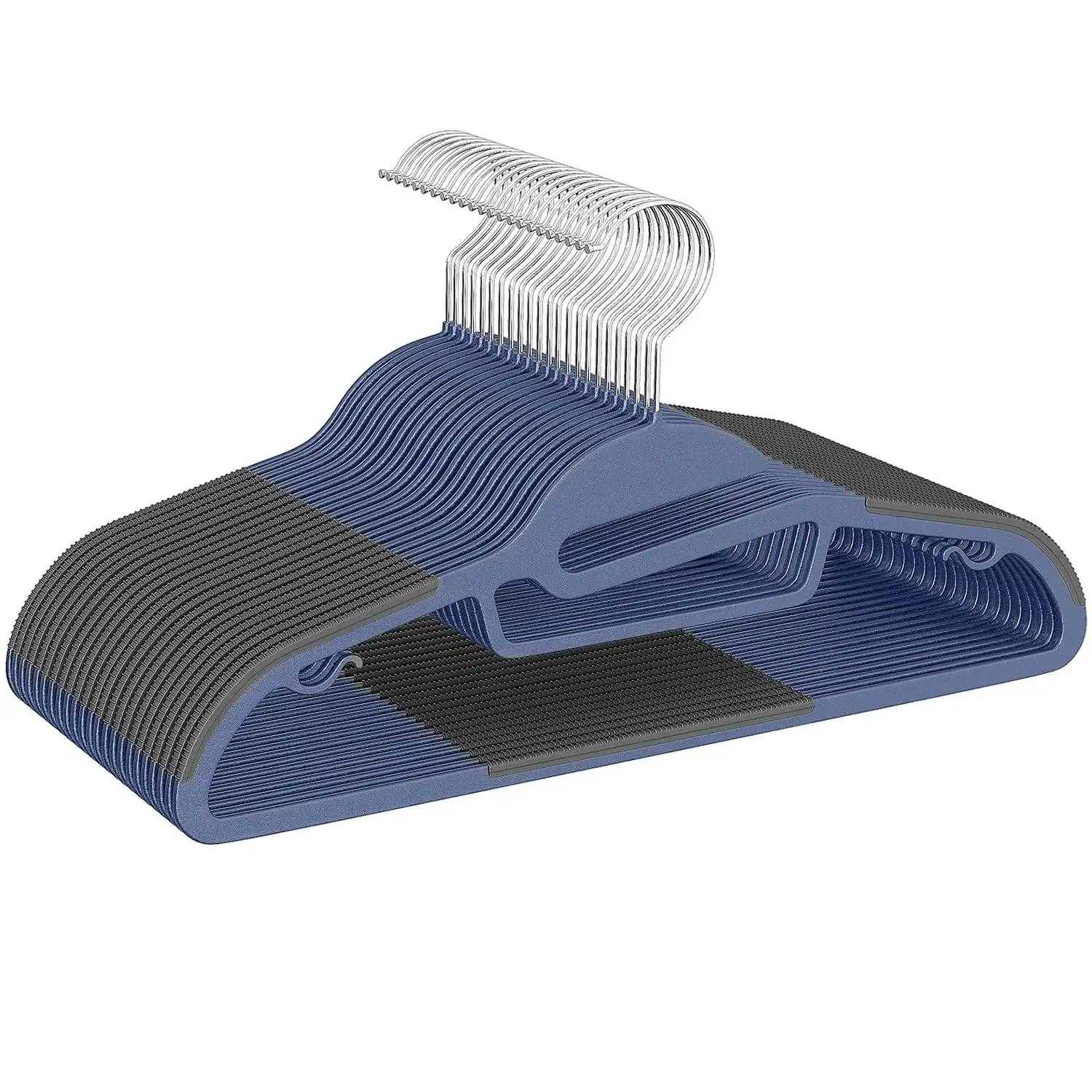 Plastic hangers 50 pack with non-slip design, 360° swivel hooks, 0.2 inches thick for space-saving closet organization.
