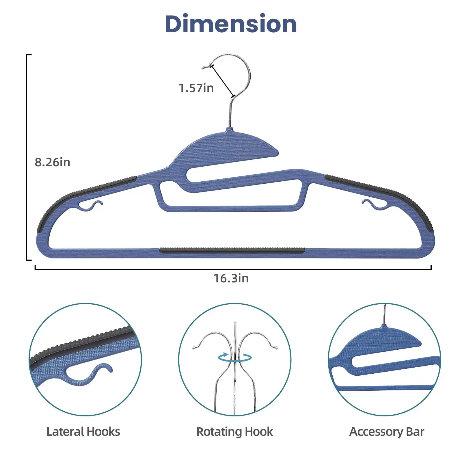 50 Pack Non-Slip Plastic Hangers with 360° Swivel Hook, 0.2" Thick, Space-Saving Organizer for Shirts and Pants.
