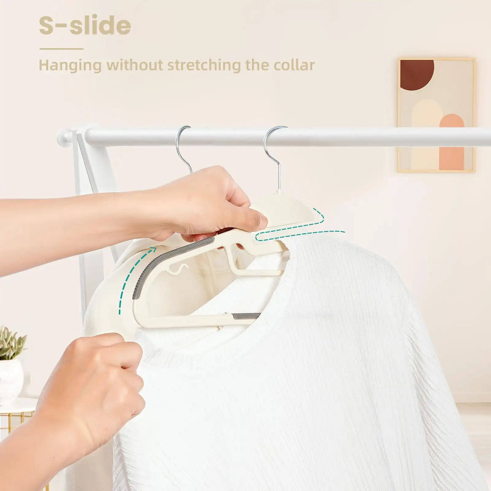 Beige plastic hangers 50 pack with non-slip design, 360° swivel hook, space-saving organizer for shirts and pants.