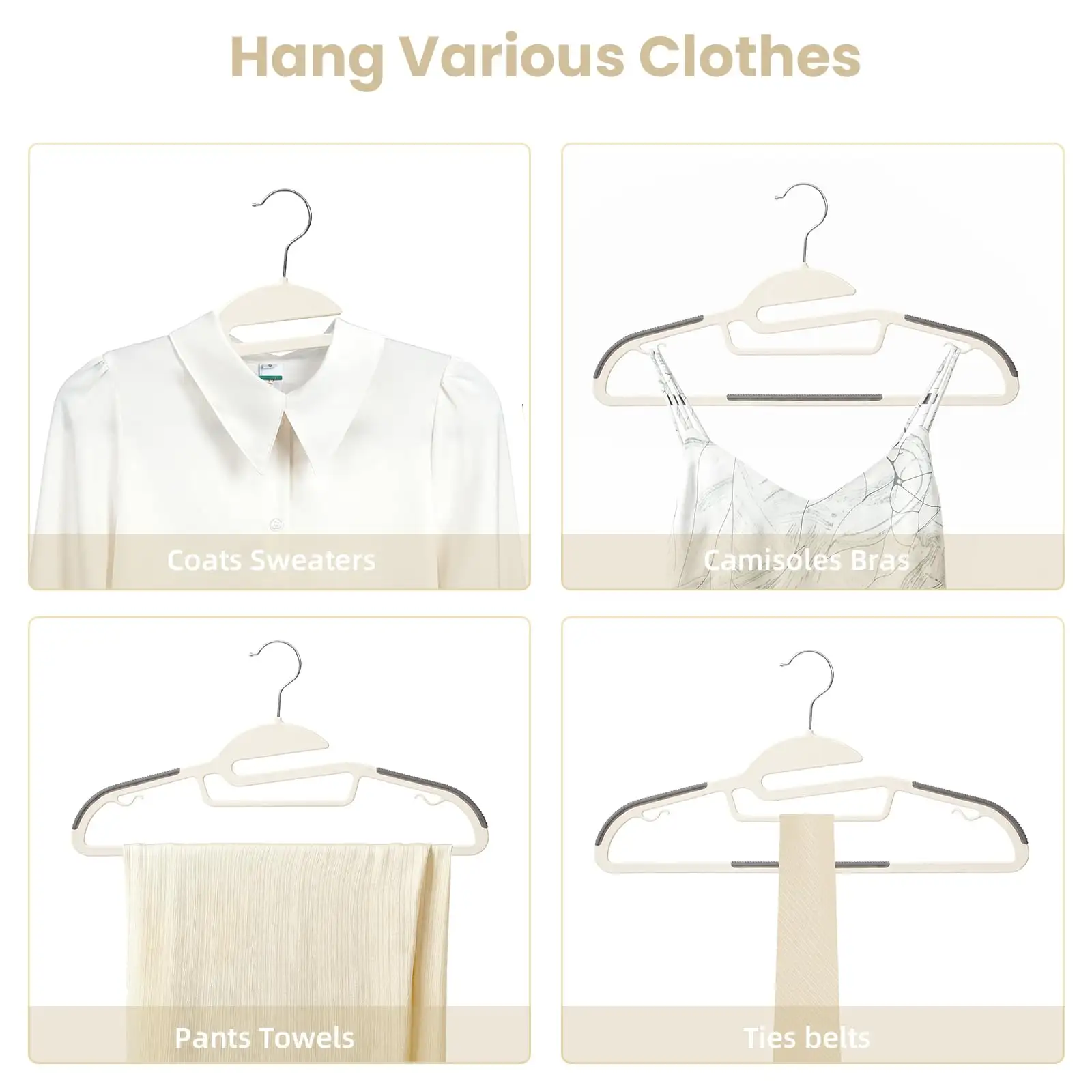 Plastic hangers 50 pack with non-slip design, 360° swivel hooks, 0.2 inches thick for space-saving closet organization.
