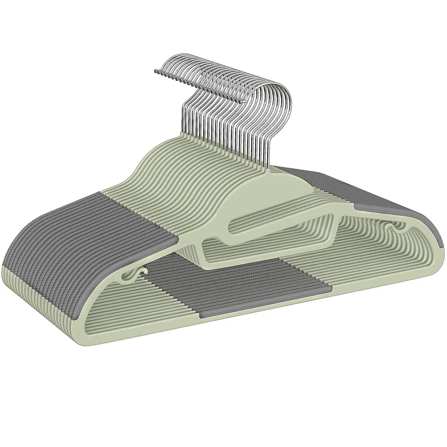 Plastic hangers 50 pack with non-slip design, 360° swivel hook, space-saving for closet organization, beige S-shaped.