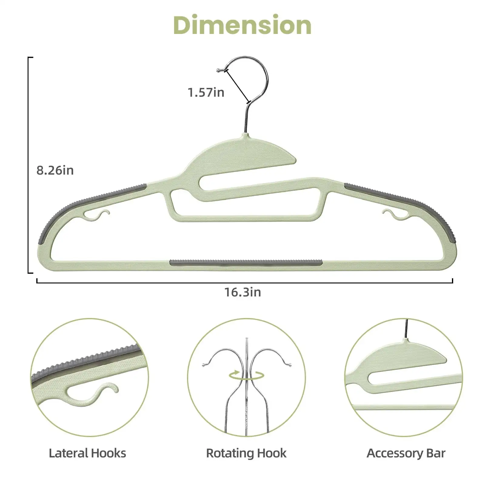 Plastic hangers 50 pack with non-slip grip, 360° swivel hook, 0.2" thick for shirts and pants, space-saving organizer.