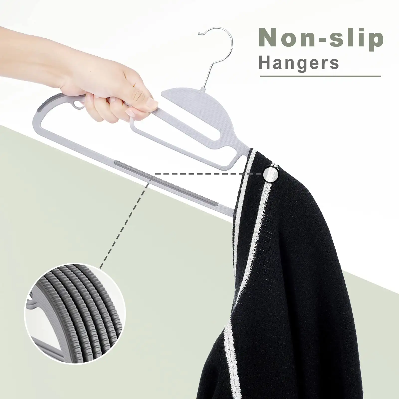 Plastic hangers 50 pack with non-slip design, 360° swivel hook, 0.2 inches thick for space-saving closet organization.