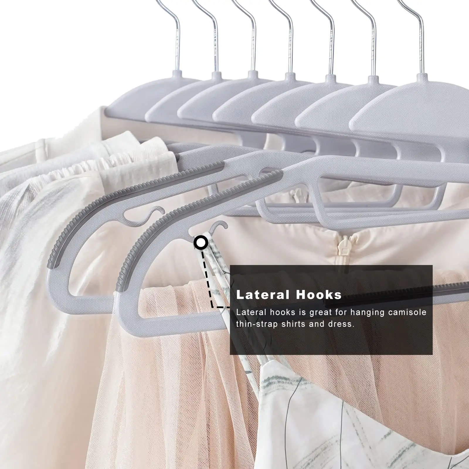 Plastic hangers 50 pack with non-slip design, 360° swivel hook, 0.2 inches thick, perfect for space-saving organization.