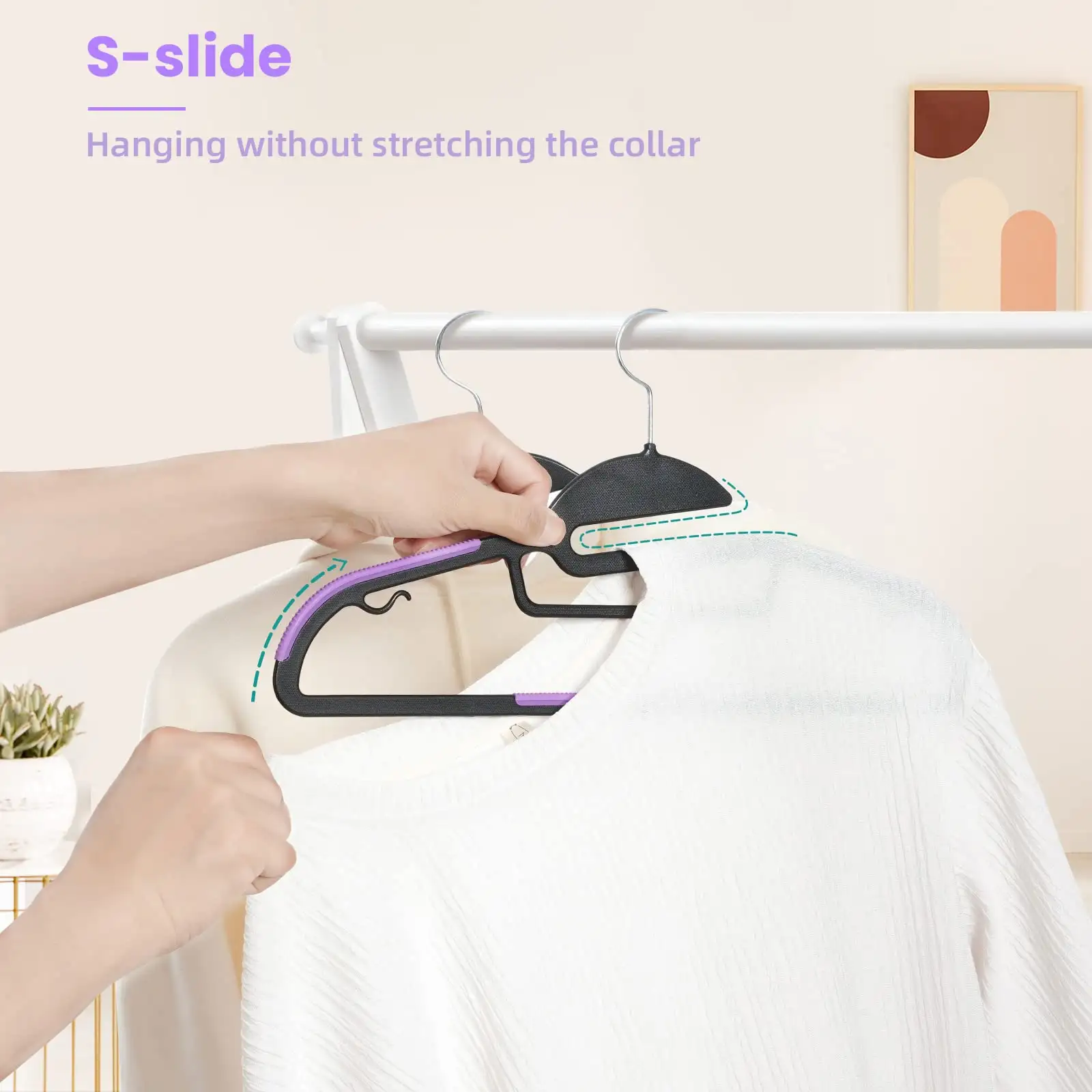 Plastic hangers 50 pack, non-slip, 0.2" thick, 360° swivel hook, space-saving organizer for closet, shirts, and pants.