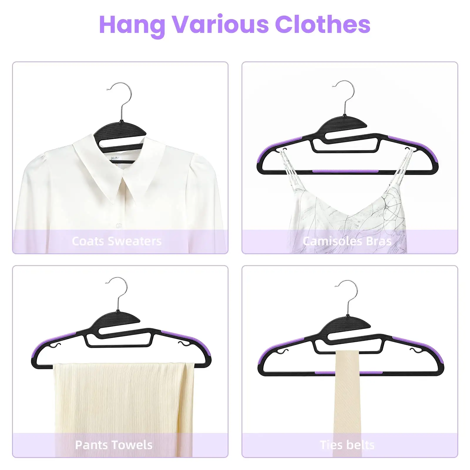 Plastic hangers 50 pack, non-slip, 0.2" thick, 360° swivel hook, space-saving organizer for closet shirts and pants.