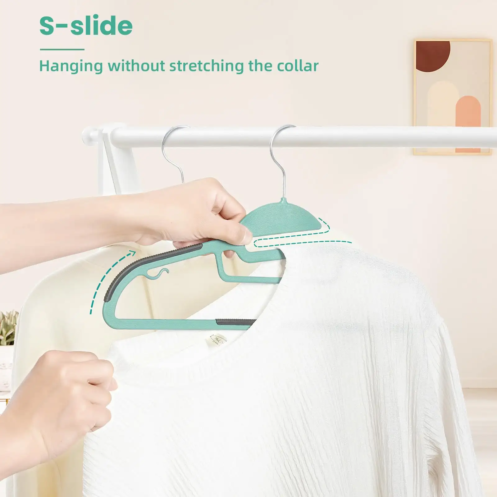 Plastic hangers 50 pack, non-slip design, 0.2" thick, 360° swivel hook, space-saving for clothes organization, beige.
