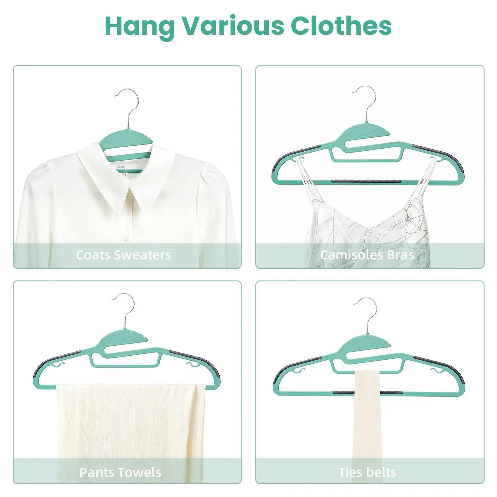 Plastic hangers 50 pack with non-slip design, 360° swivel hook, space-saving for shirts and pants, beige S-shaped.