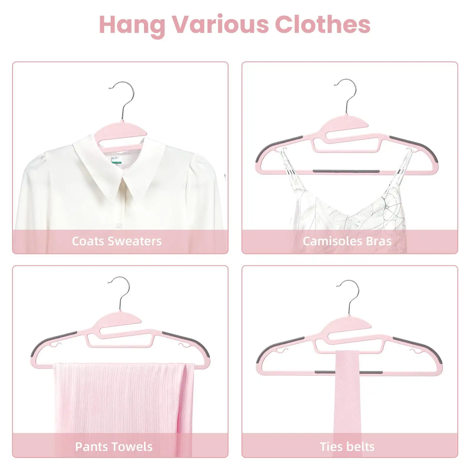 Beige plastic hangers, 50 pack, non-slip design, 0.2" thick, 360° swivel hook for space-saving closet organization.