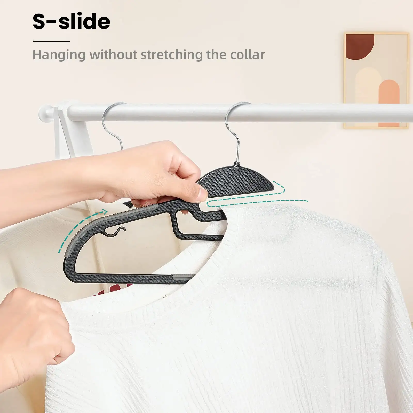 Plastic hangers 50 pack, non-slip design, 0.2" thick, 360° swivel hook for space-saving closet organization.