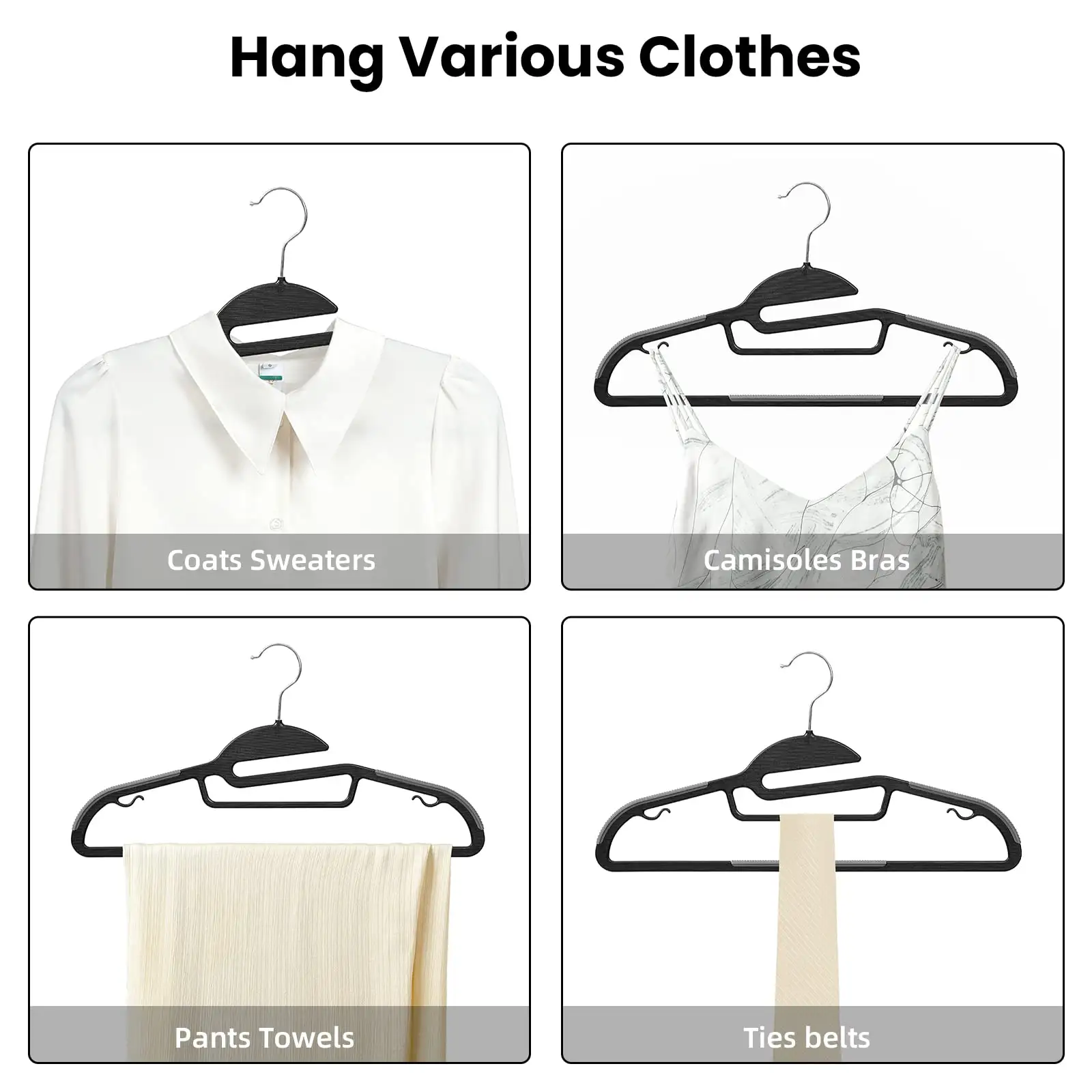 Plastic hangers 50 pack with non-slip design, 360° swivel hook, space-saving for shirts and pants in beige color.
